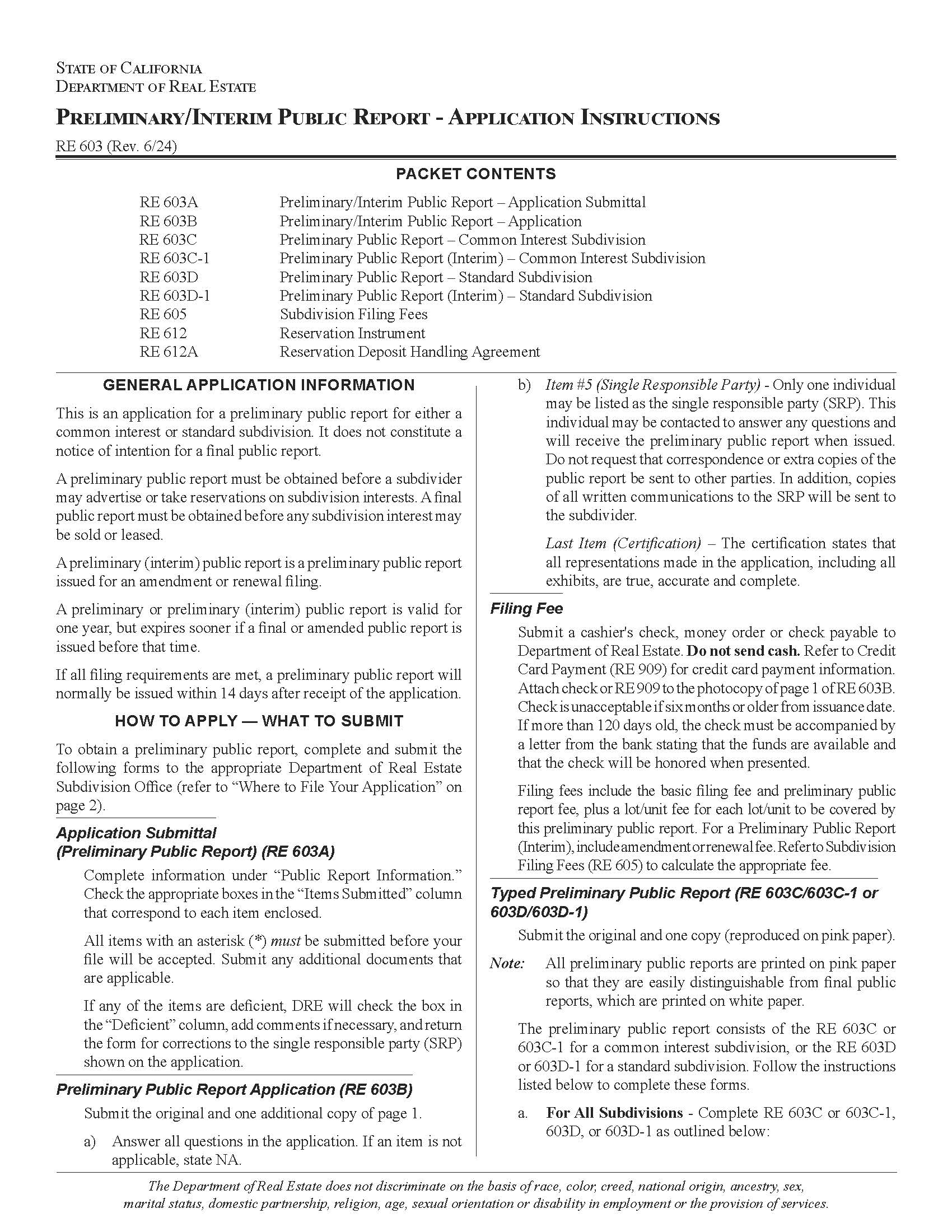 Preliminary Interim Public Report Application Instructions {RE 603} | Pdf Fpdf Docx | California