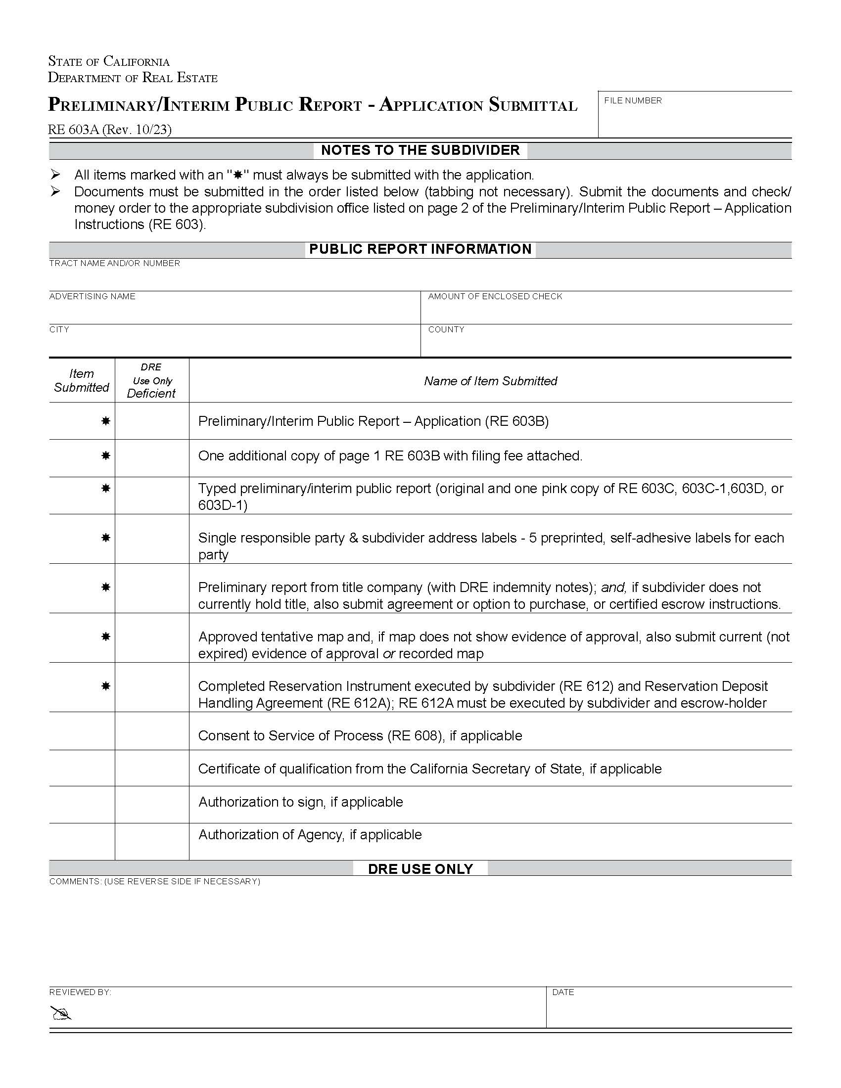 Preliminary Interim Public Report Application Submittal {RE 603A} | Pdf Fpdf Docx | California