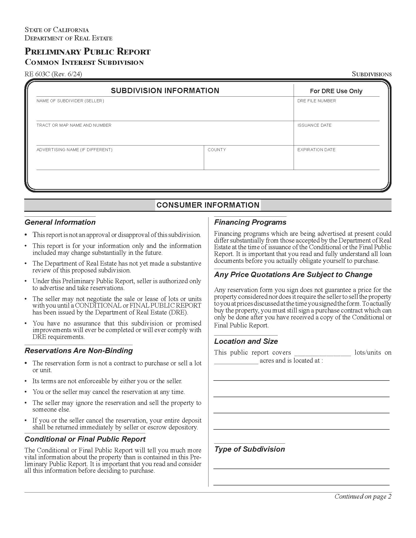 Preliminary Public Report Common Interest Subdivision {RE 603C} | Pdf Fpdf Docx | California