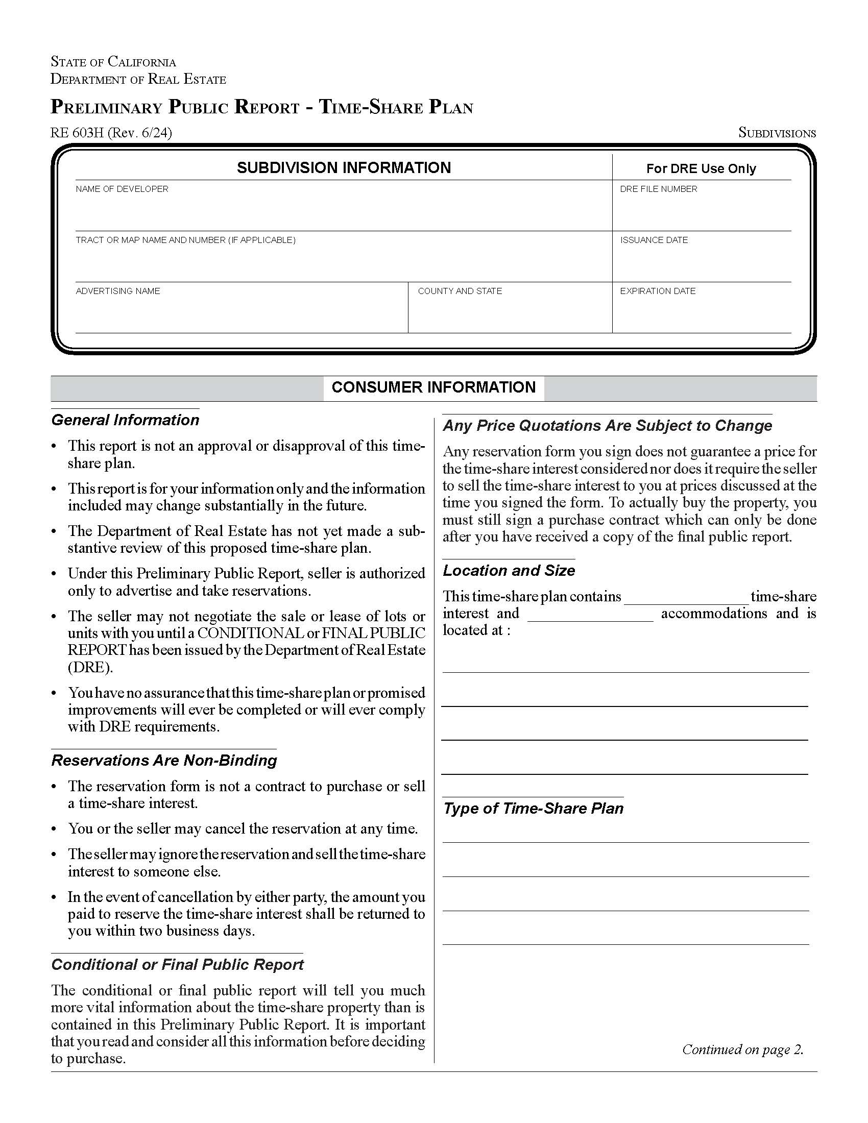 Preliminary Public Report Time-Share Plan {RE 603H} | Pdf Fpdf Docx | California