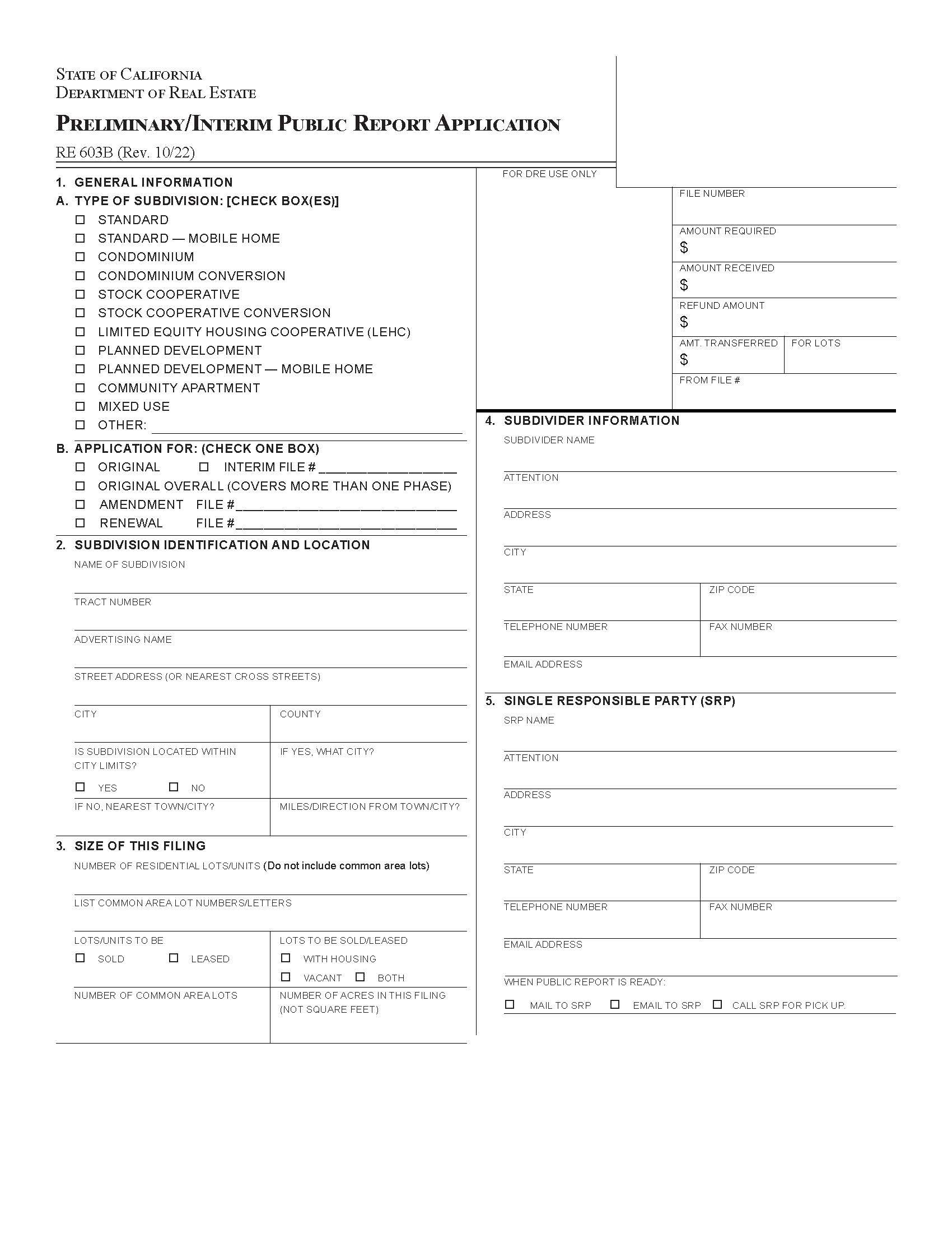 Preliminary-Interim Public Report Application {RE 603B} | Pdf Fpdf Docx | California