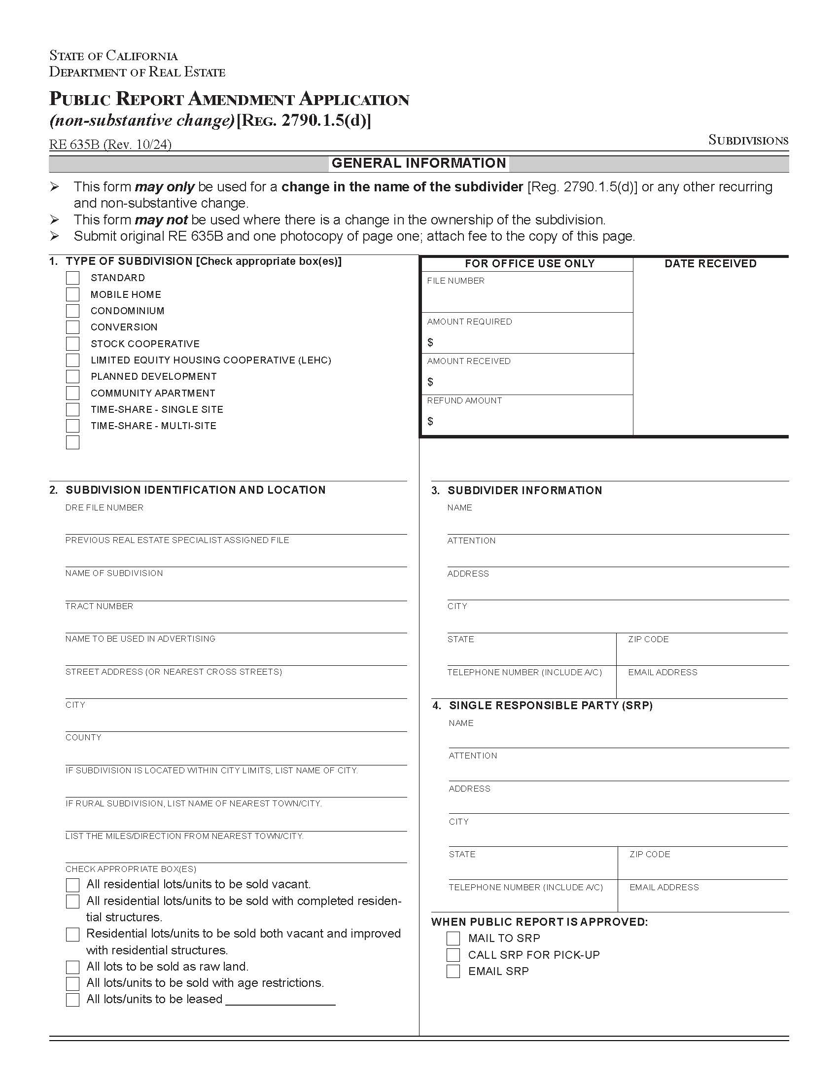 Public Report Amendment Application (Non Substantive Change) {RE 635B} | Pdf Fpdf Docx | California