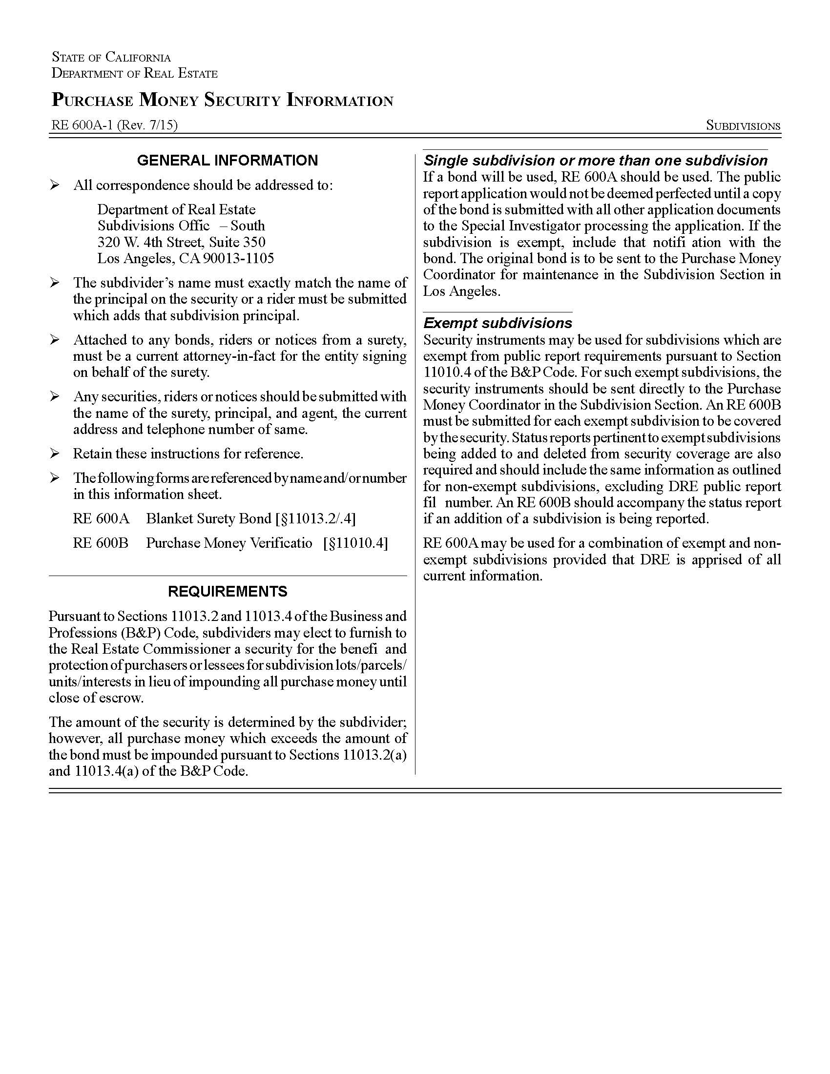 Purchase Money Security Information {RE 600A-1} | Pdf Fpdf Docx | California