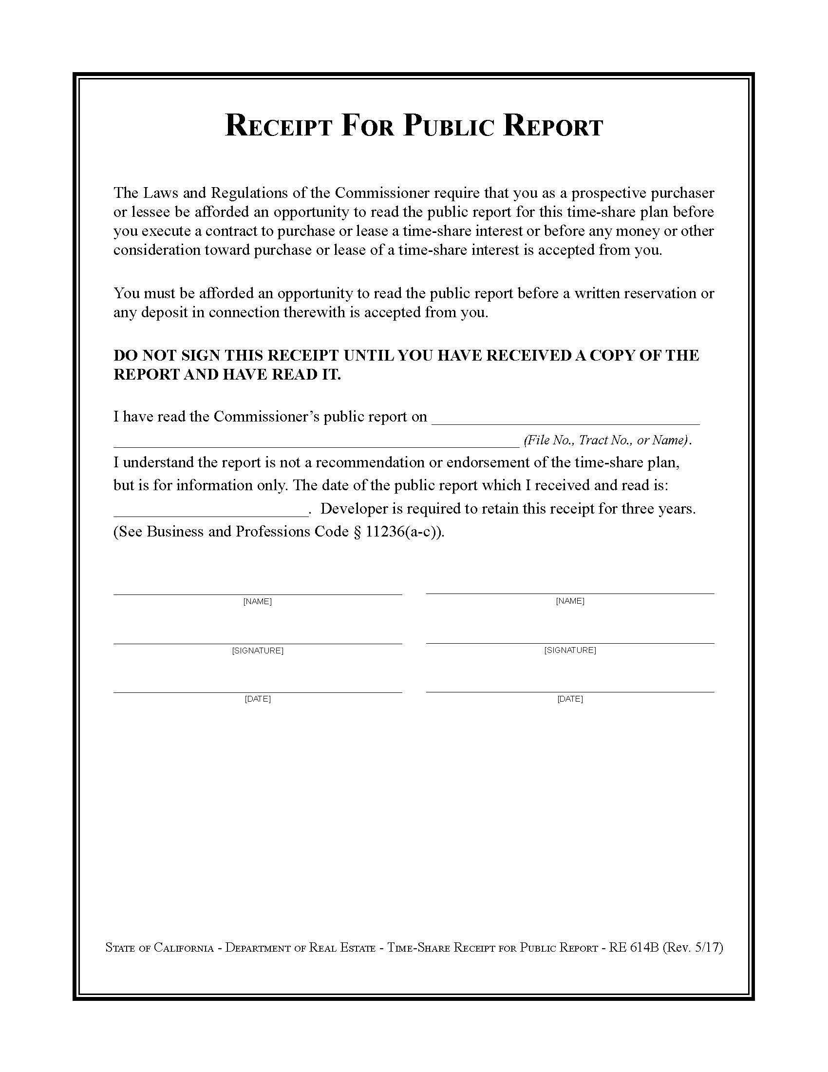 Receipt For Public Report {RE 614B} | Pdf Fpdf Docx | California