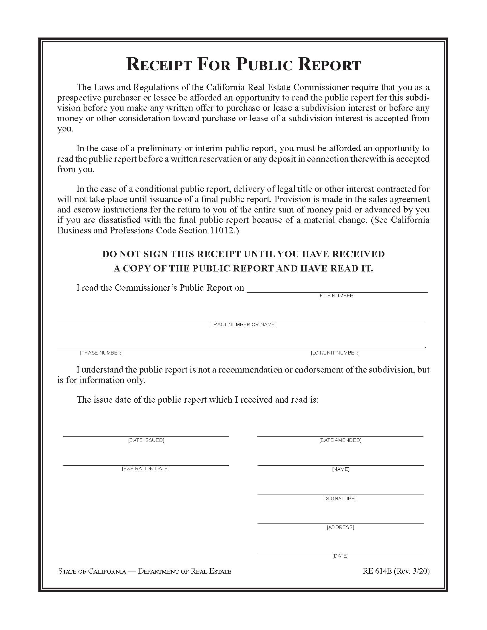 Receipt For Public Report {RE 614E} | Pdf Fpdf Docx | California