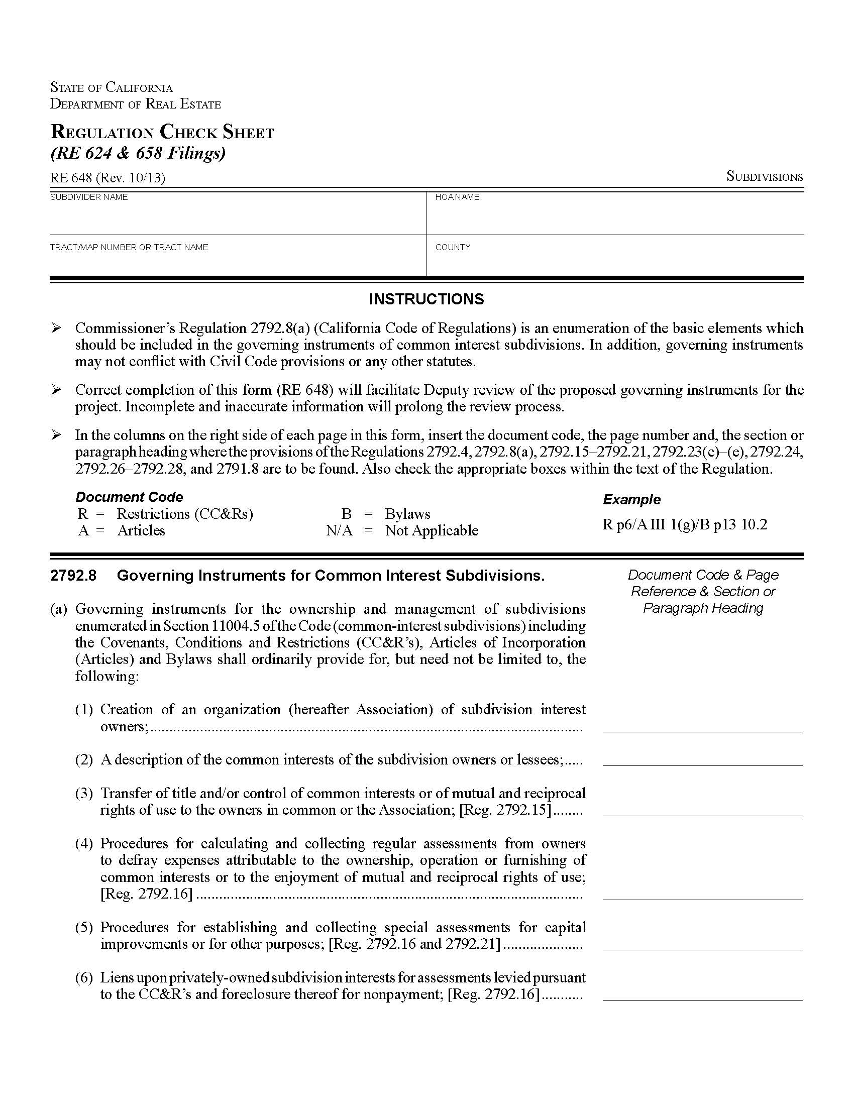 Regulation Check Sheet {RE 648} | Pdf Fpdf Docx | California