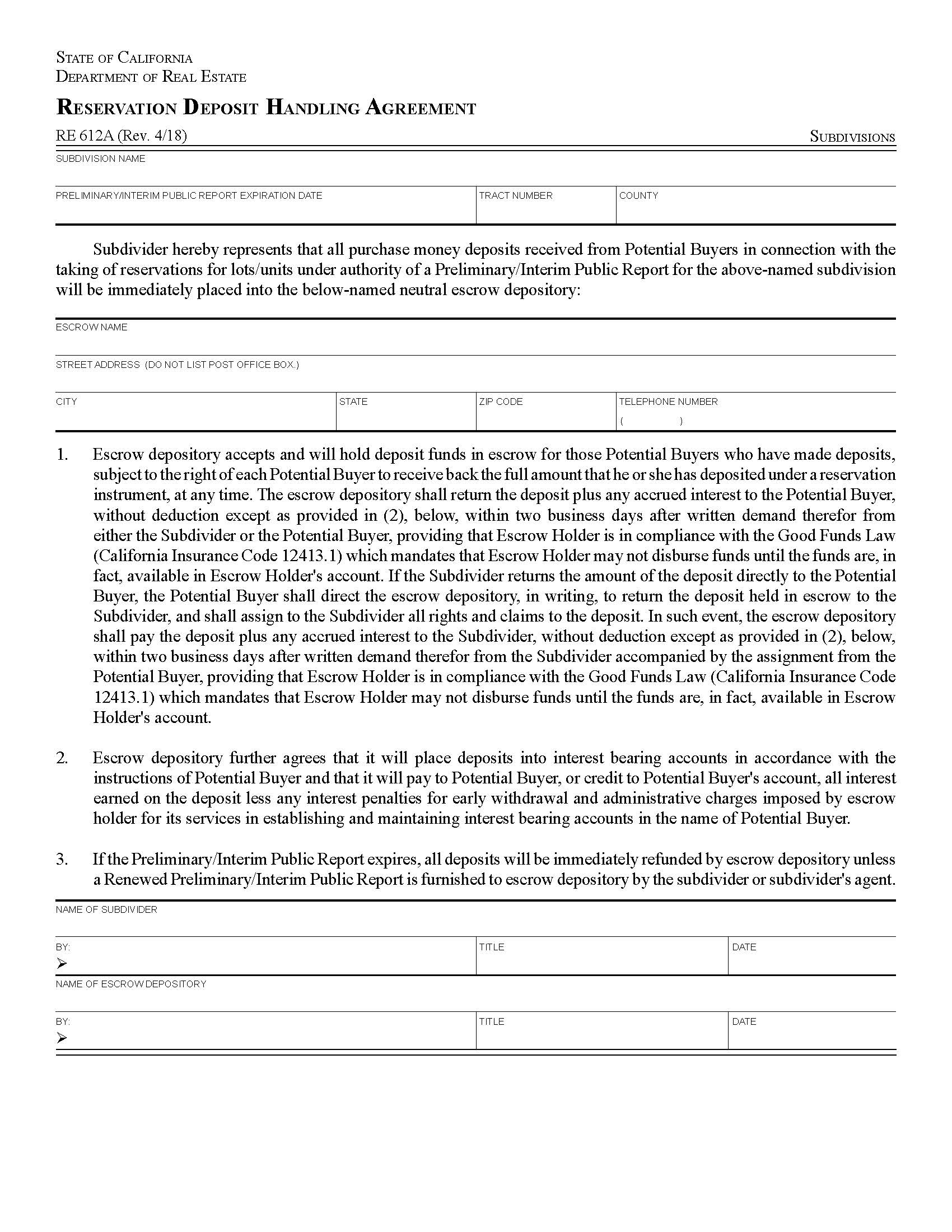 Reservation Deposit Handling Agreement {RE 612A} | Pdf Fpdf Docx | California