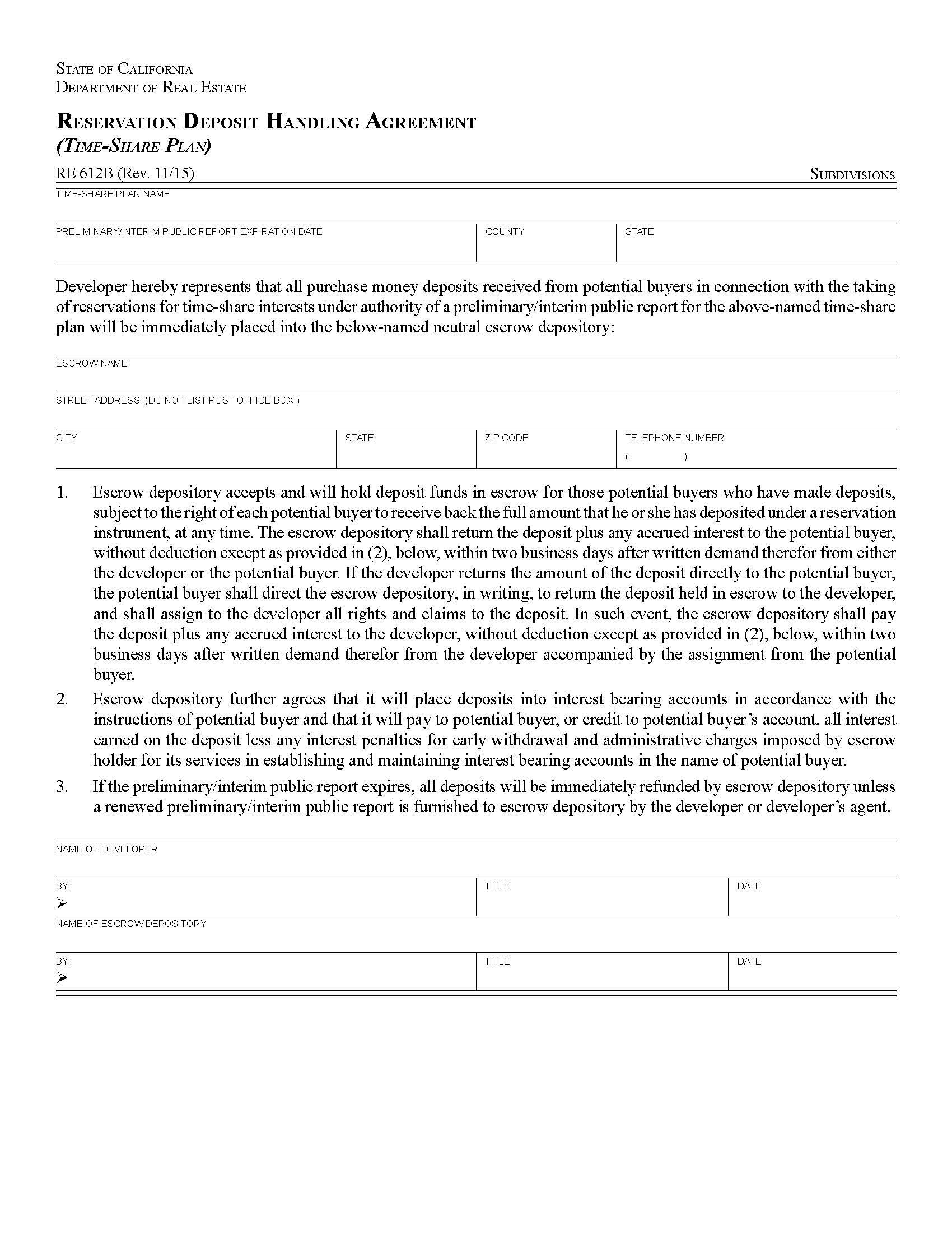 Reservation Deposit Handling Agreement (Time Share Plan) {RE 612B} | Pdf Fpdf Docx | California