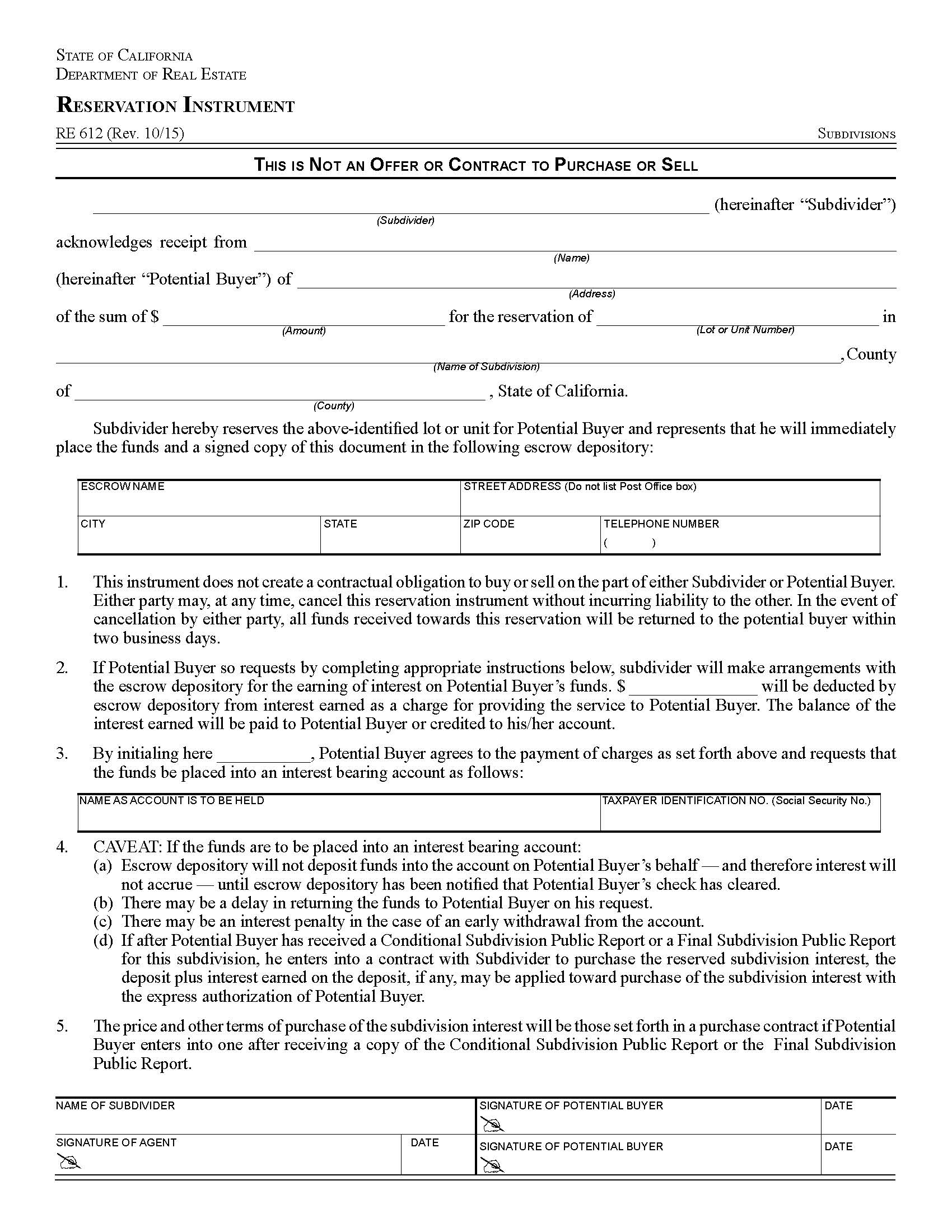 Reservation Instrument {RE 612} | Pdf Fpdf Docx | California