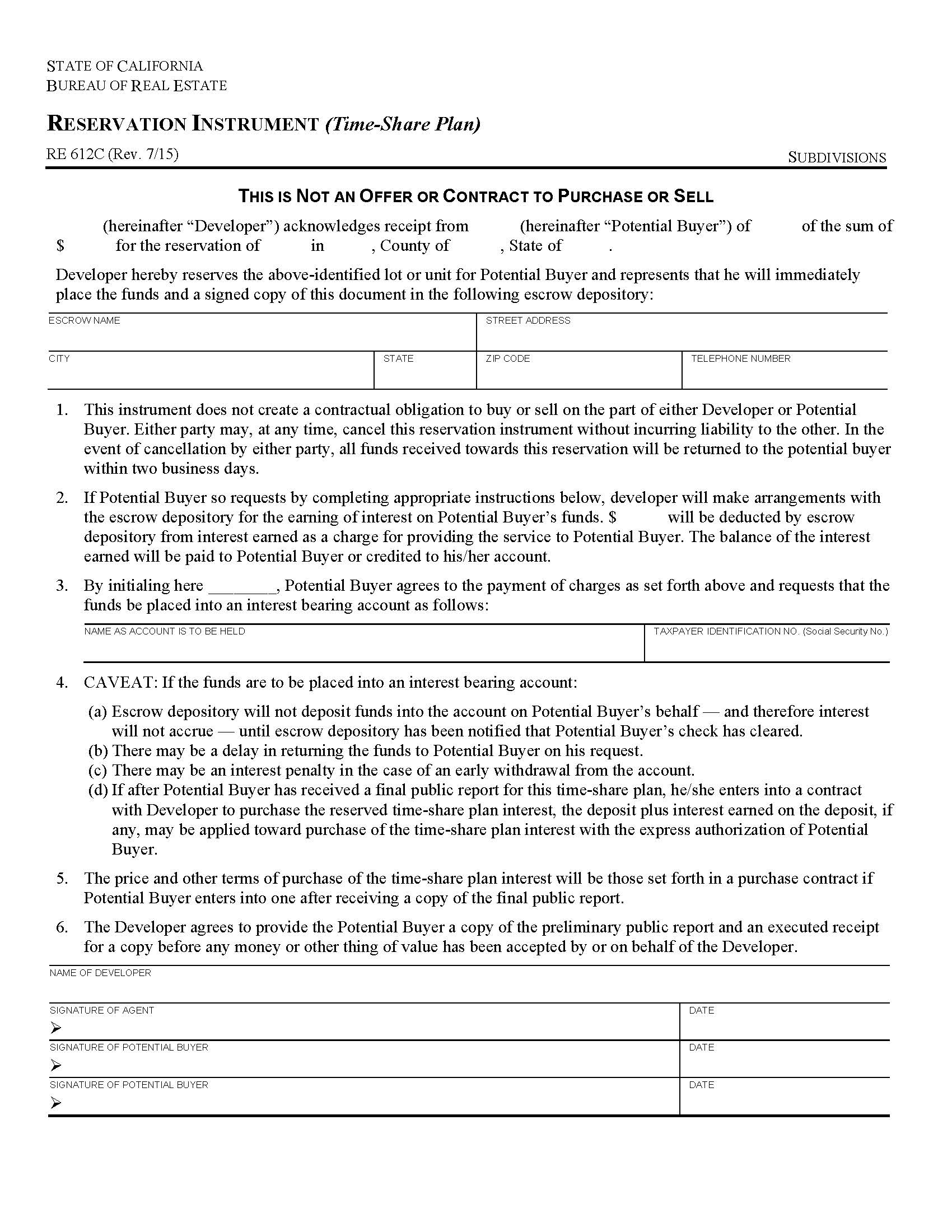 Reservation Instrument (Time-Share Plan) {RE 612C} | Pdf Fpdf Docx | California