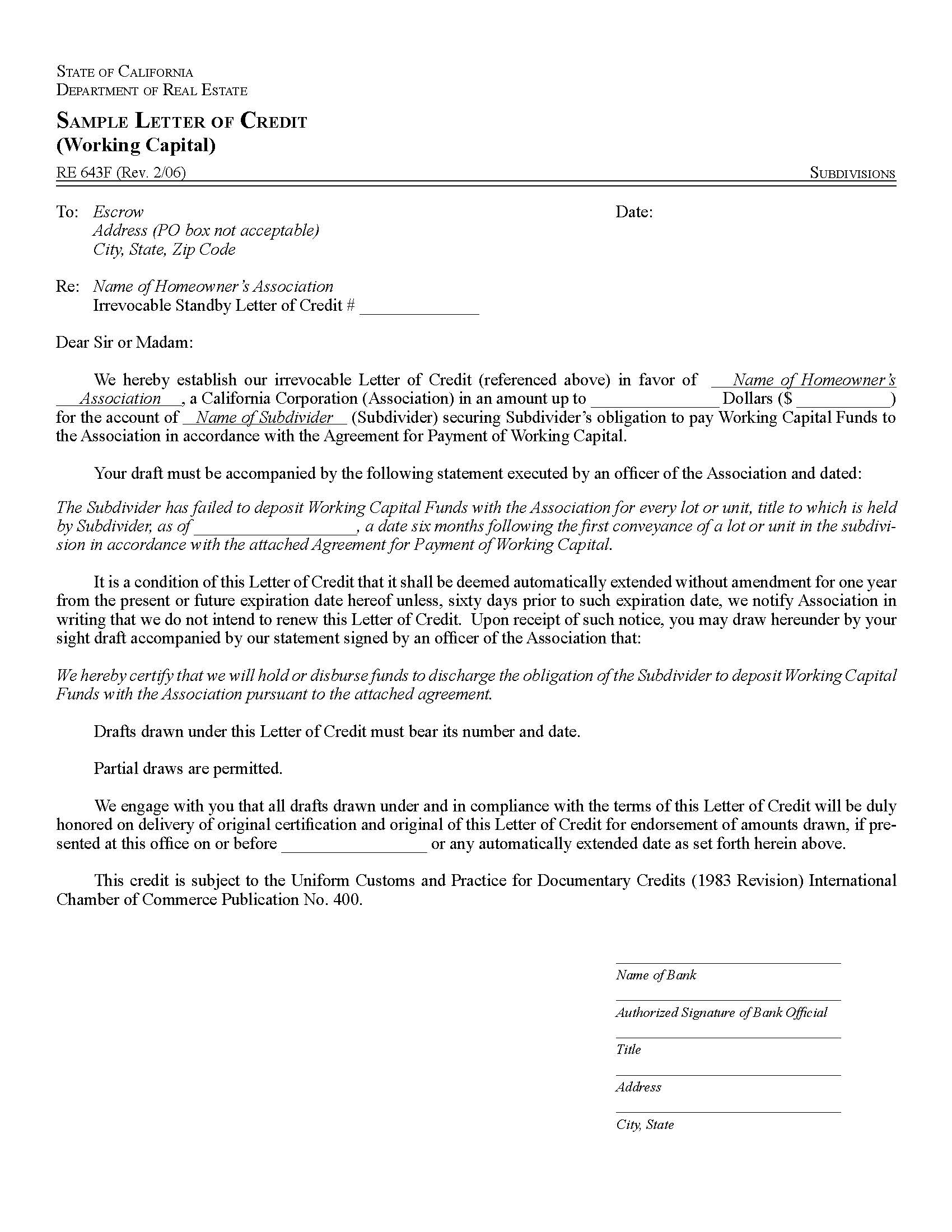 Sample Letter Of Credit (Working Capital) {RE 643F} | Pdf Fpdf Docx | California