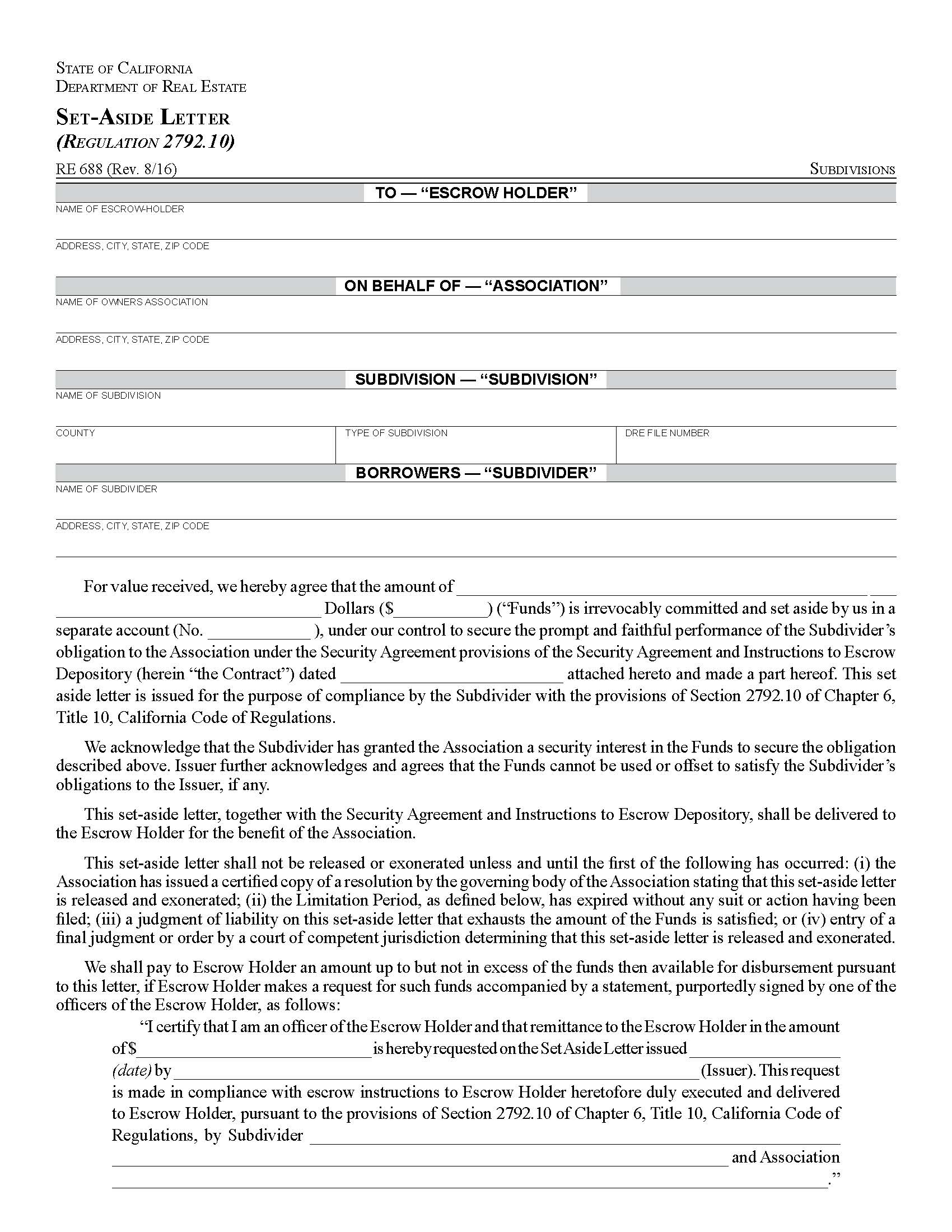 Set Aside Letter (Regulation 2792.10) {RE 688} | Pdf Fpdf Docx | California