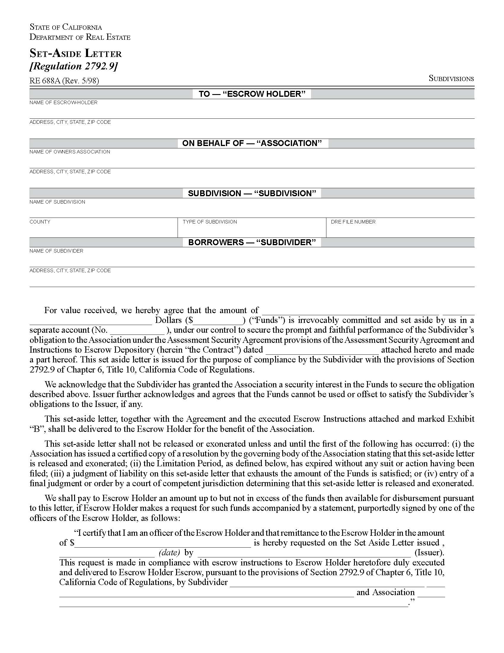 Set Aside Letter (Regulation 2792.9) {RE 688A} | Pdf Fpdf Docx | California