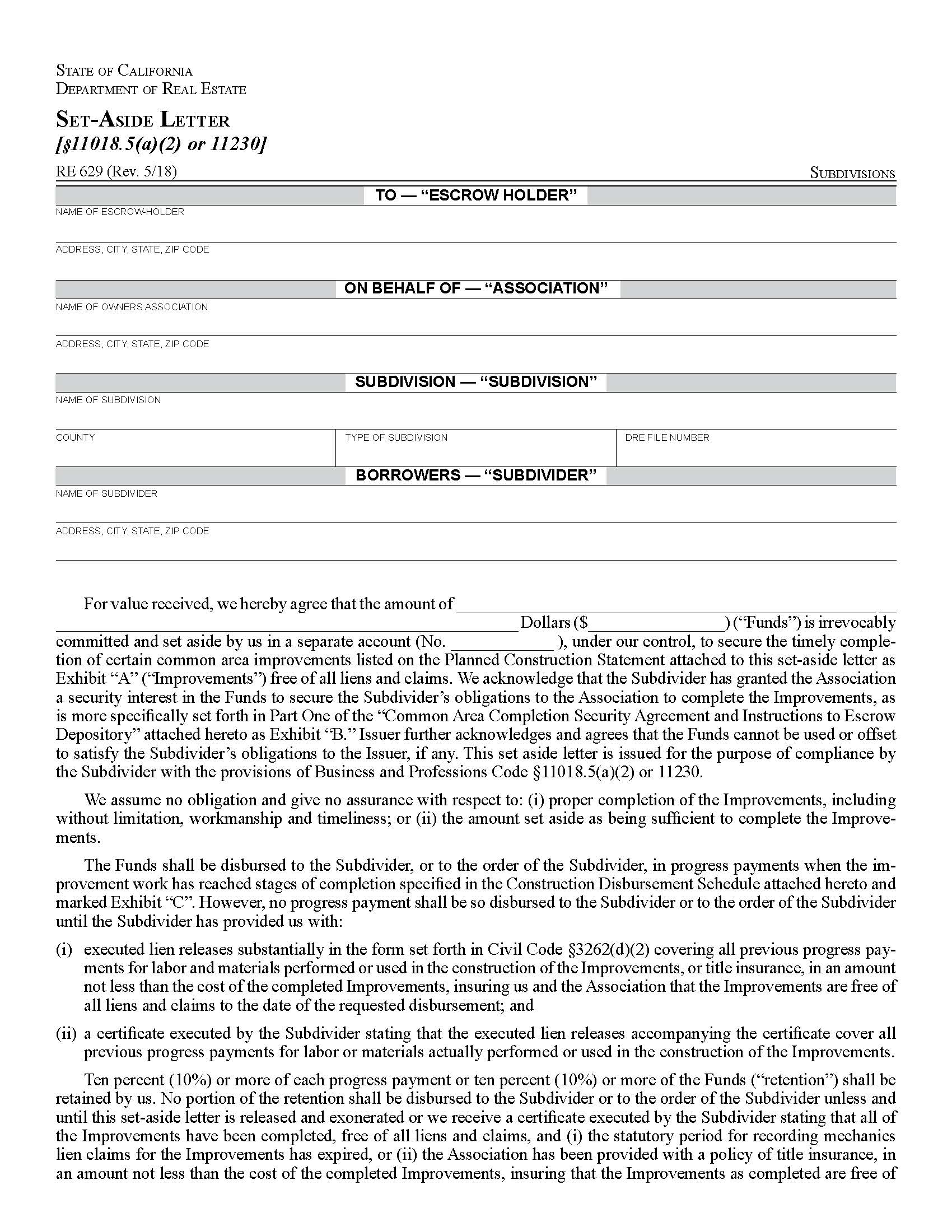 Set-Aside Letter {RE 629} | Pdf Fpdf Docx | California