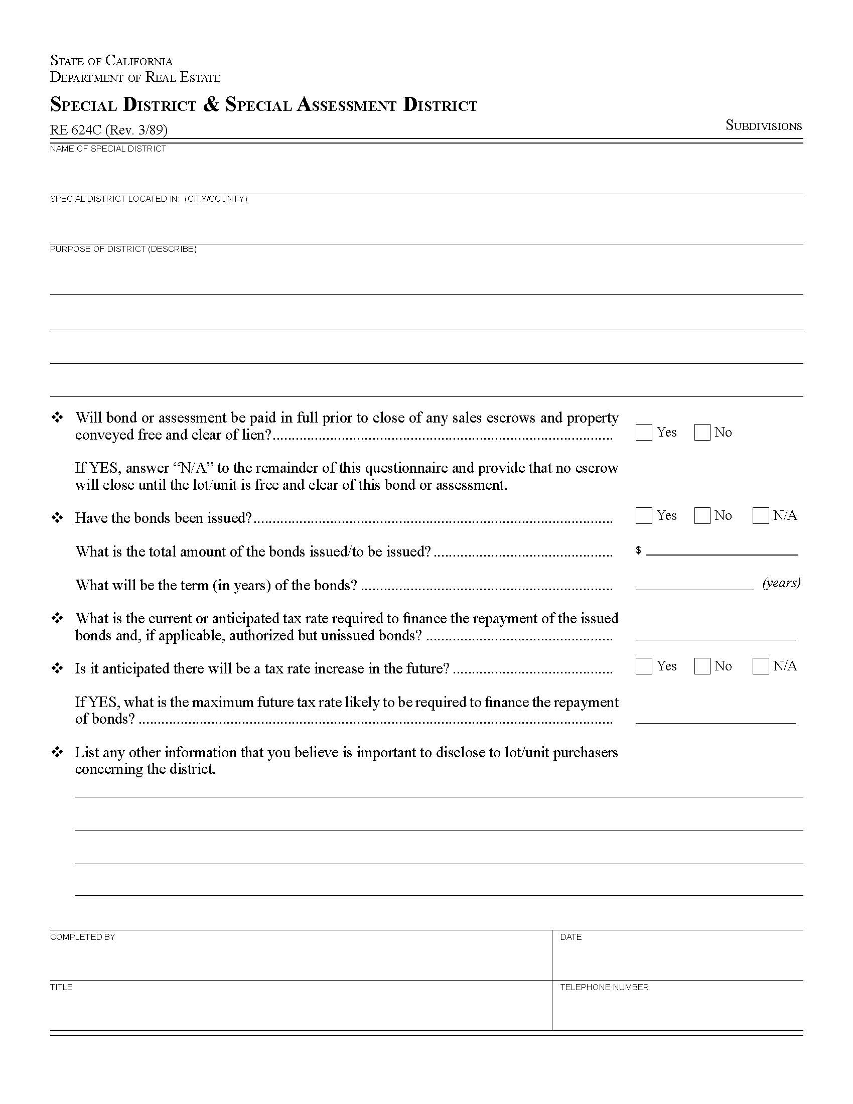 Special District And Special Assessment District {RE 624C} | Pdf Fpdf Docx | California