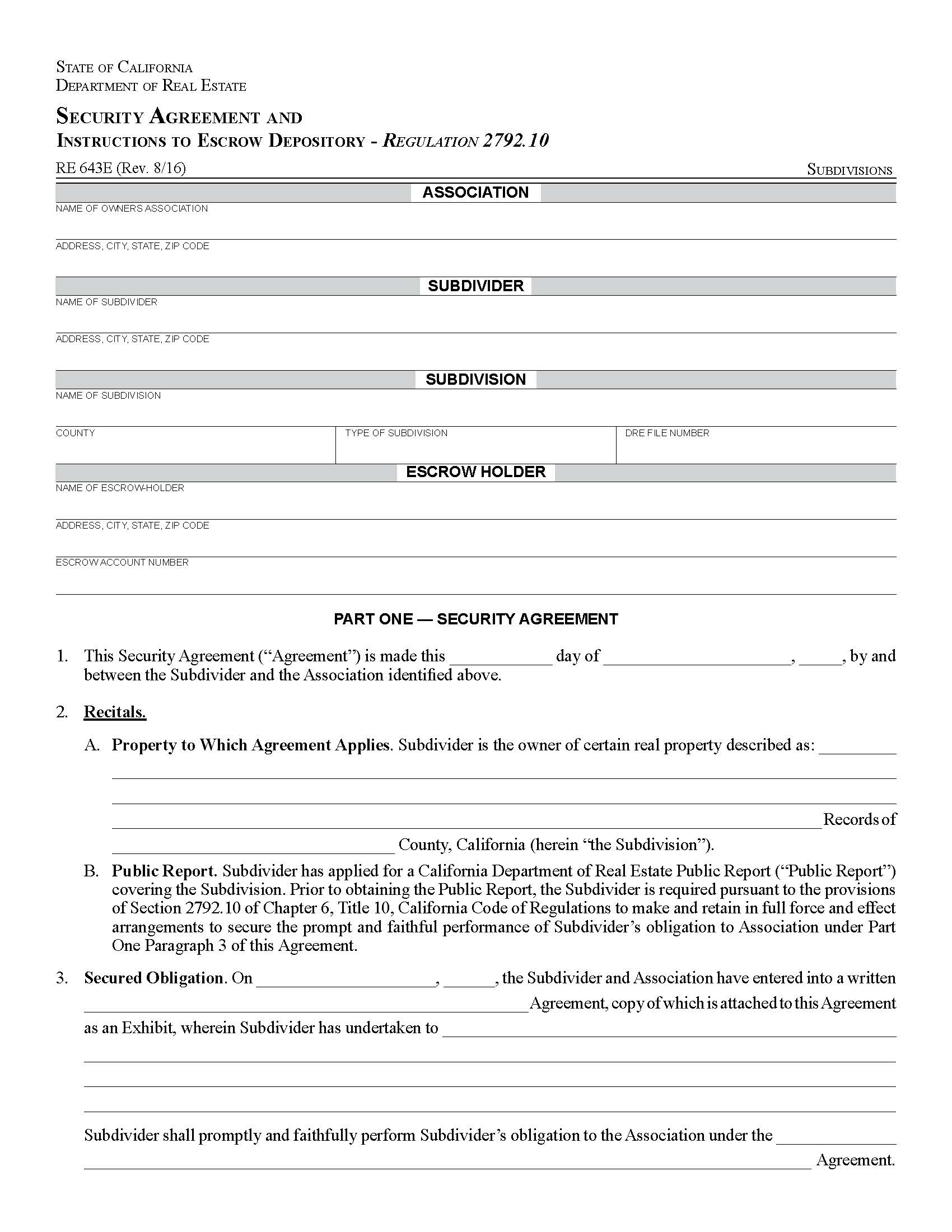 Subsidy Security Agreement And Instructions To Escrow Depository {RE 643E} | Pdf Fpdf Docx | California