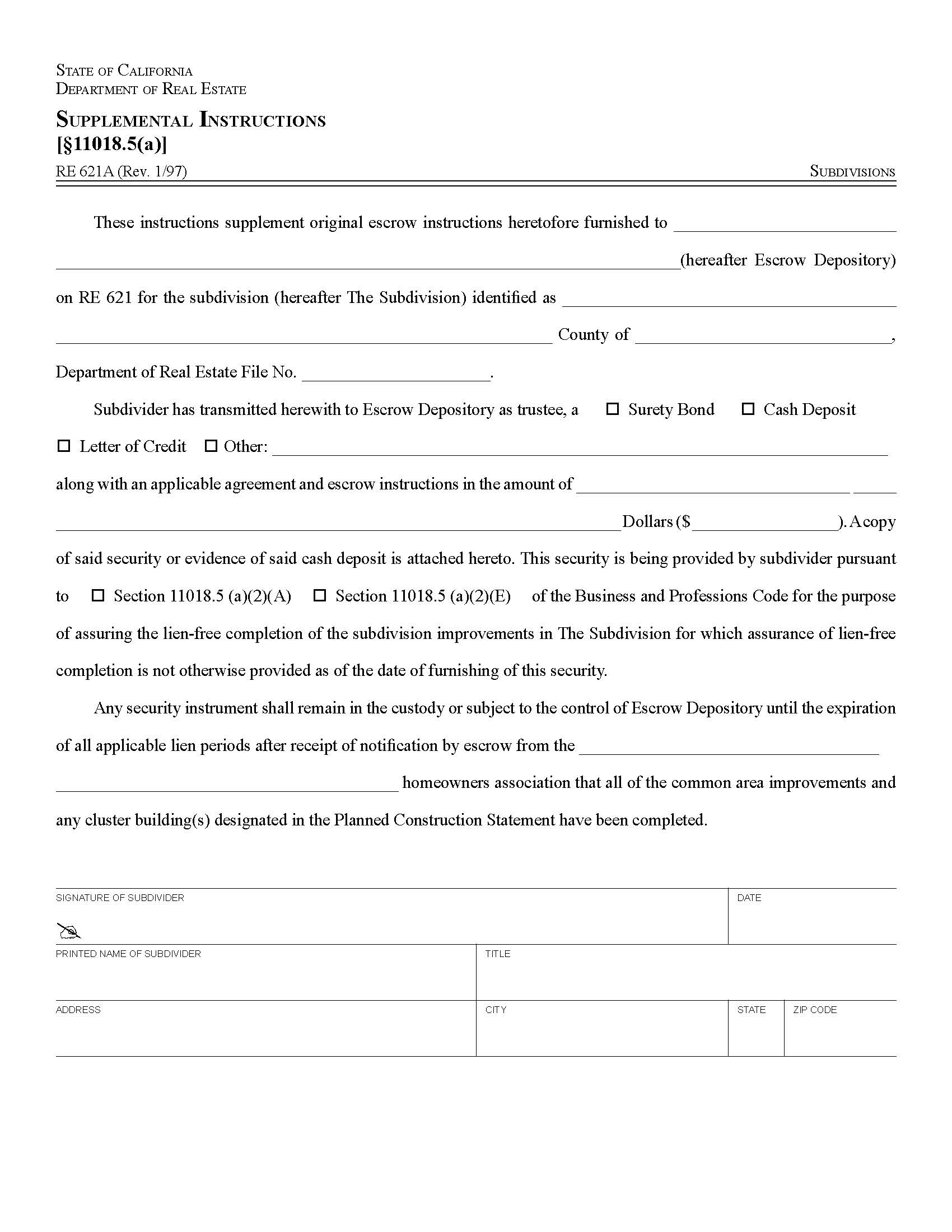 Supplemental Instructions {RE 621A} | Pdf Fpdf Docx | California