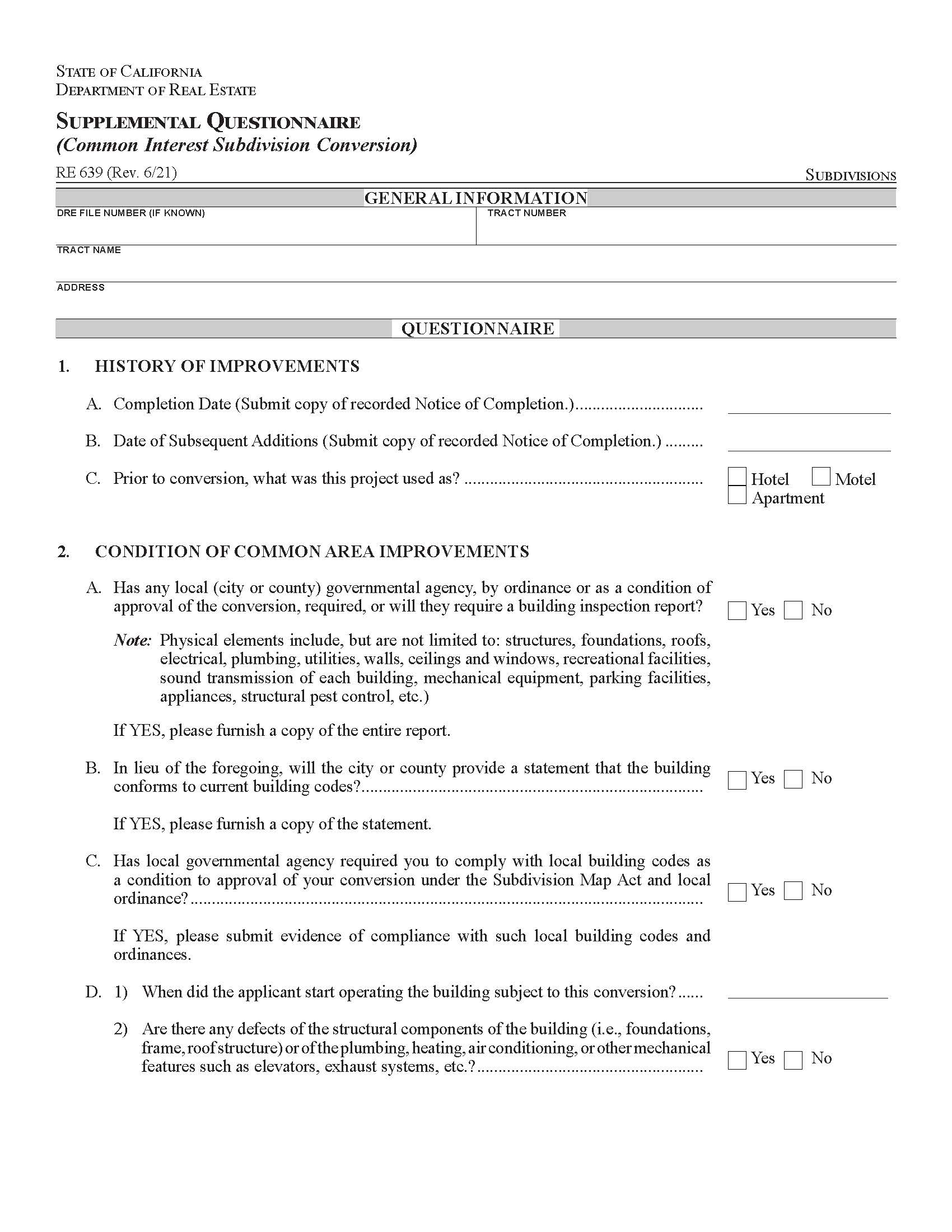 Supplemental Questionnaire (Common Interest Subdivision Conversion) {RE 639} | Pdf Fpdf Docx | California