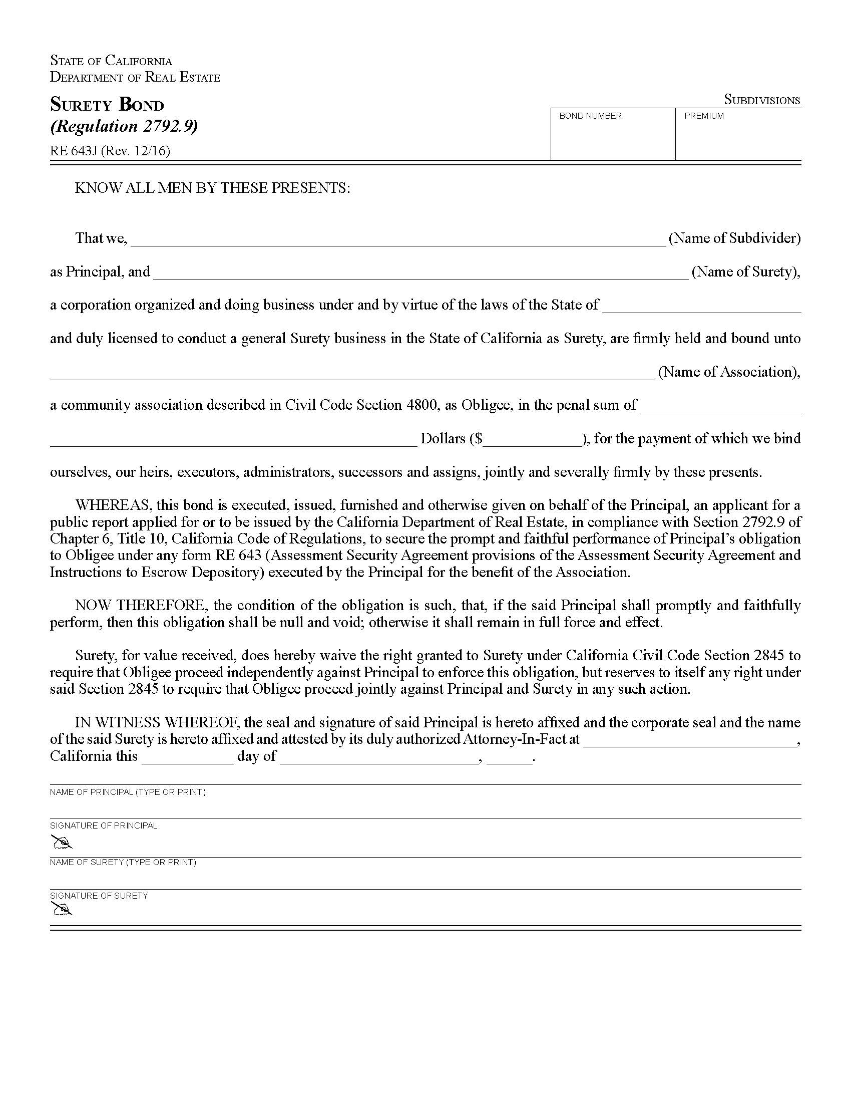 Surety Bond {RE 643J} | Pdf Fpdf Docx | California