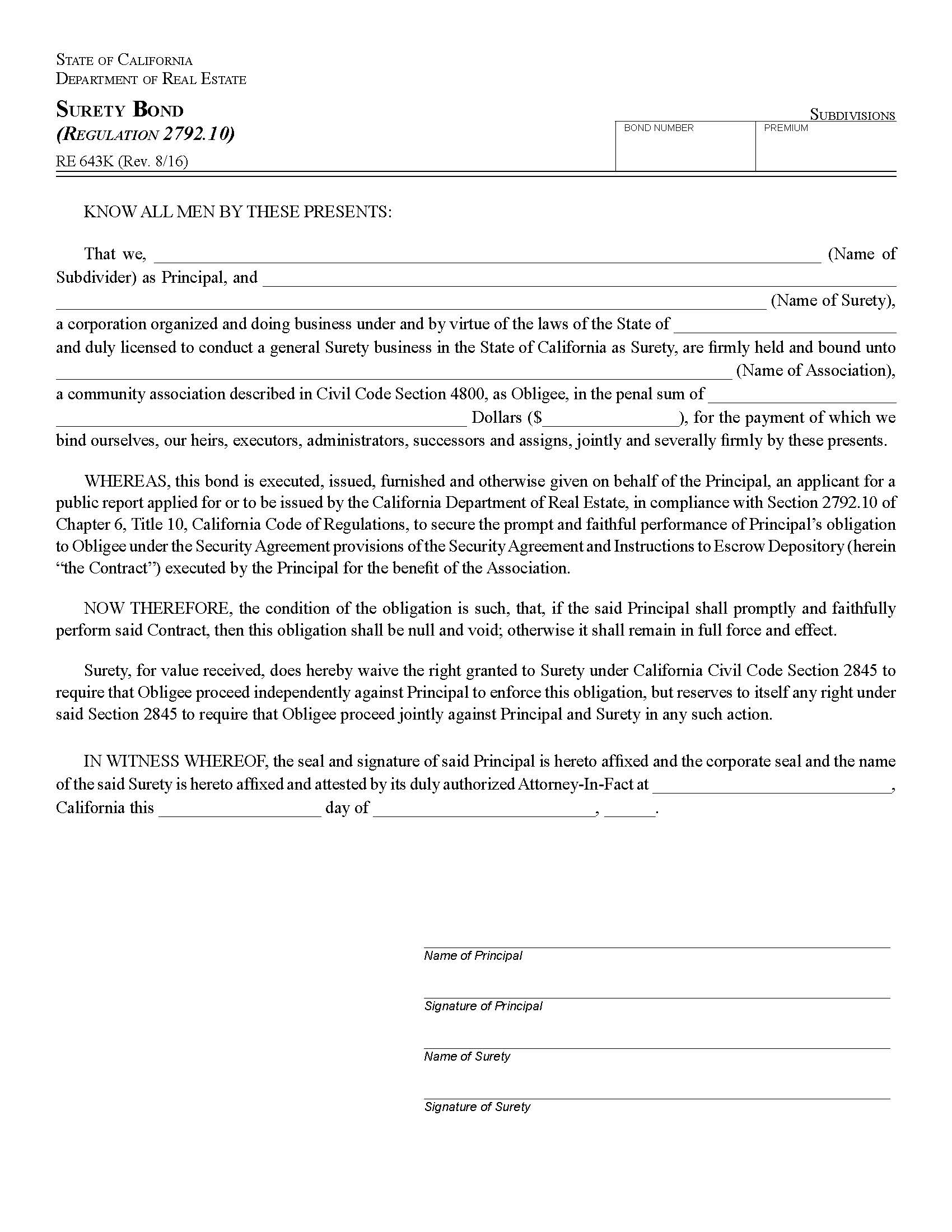 Surety Bond {RE 643K} | Pdf Fpdf Docx | California
