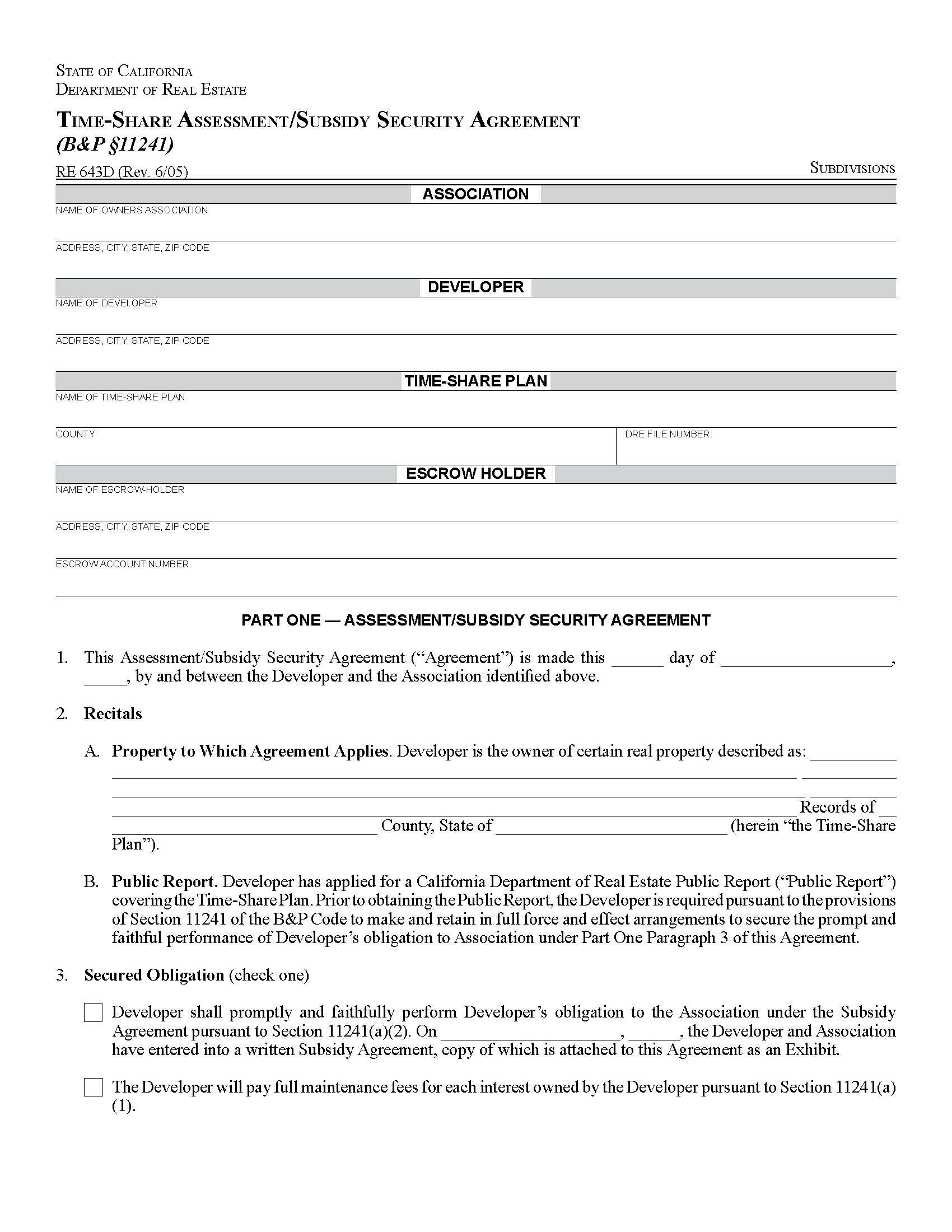 Time Share Assessment Subsidy Security Agreement {RE 643D} | Pdf Fpdf Docx | California
