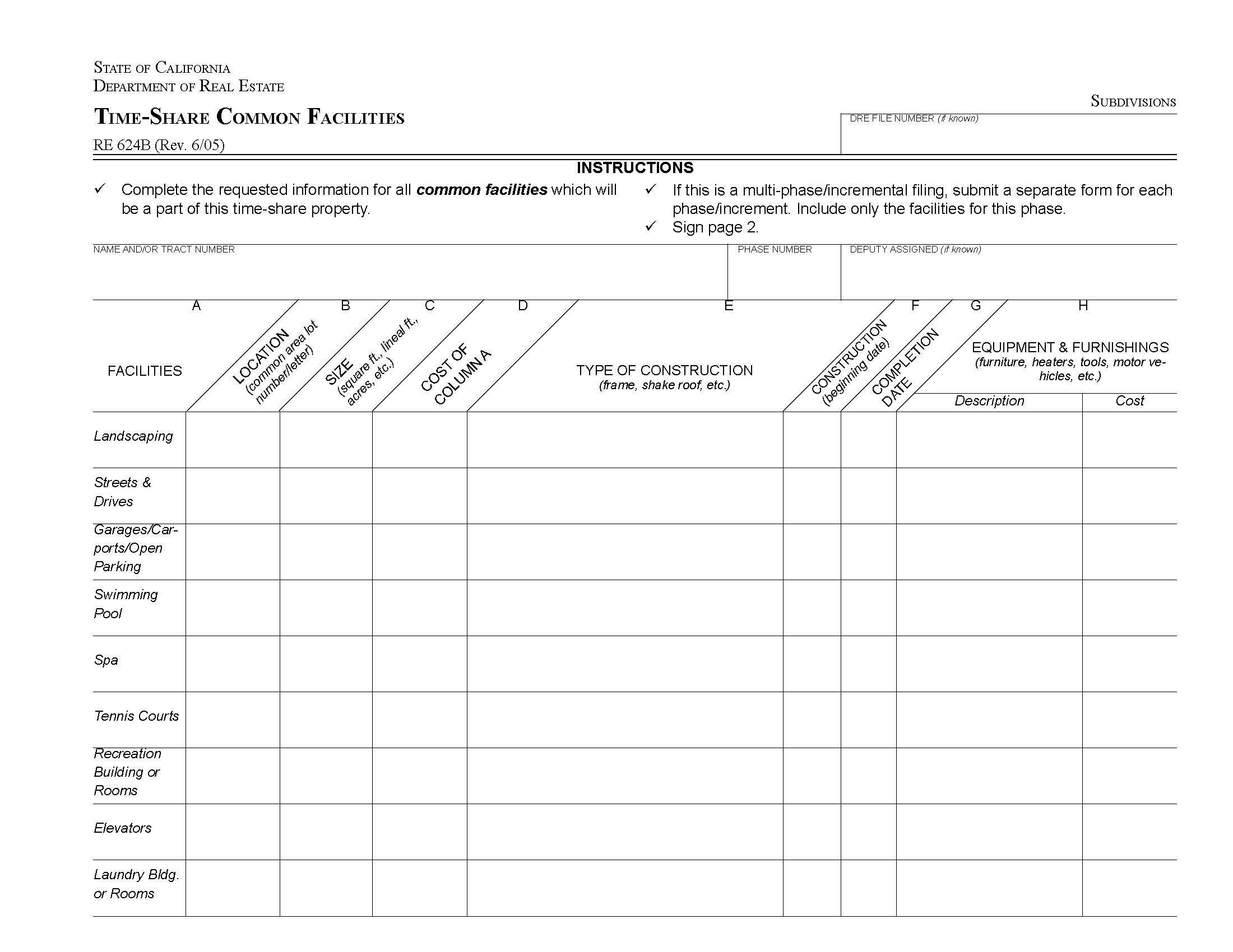 Time Share Common Facilities {RE 624B} | Pdf Fpdf Docx | California