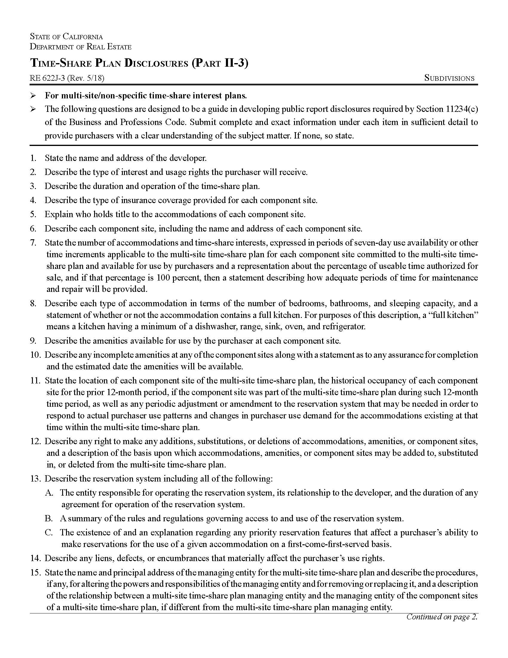Time Share Plan Disclosues (Part II 3) {RE 622J-3} | Pdf Fpdf Docx | California