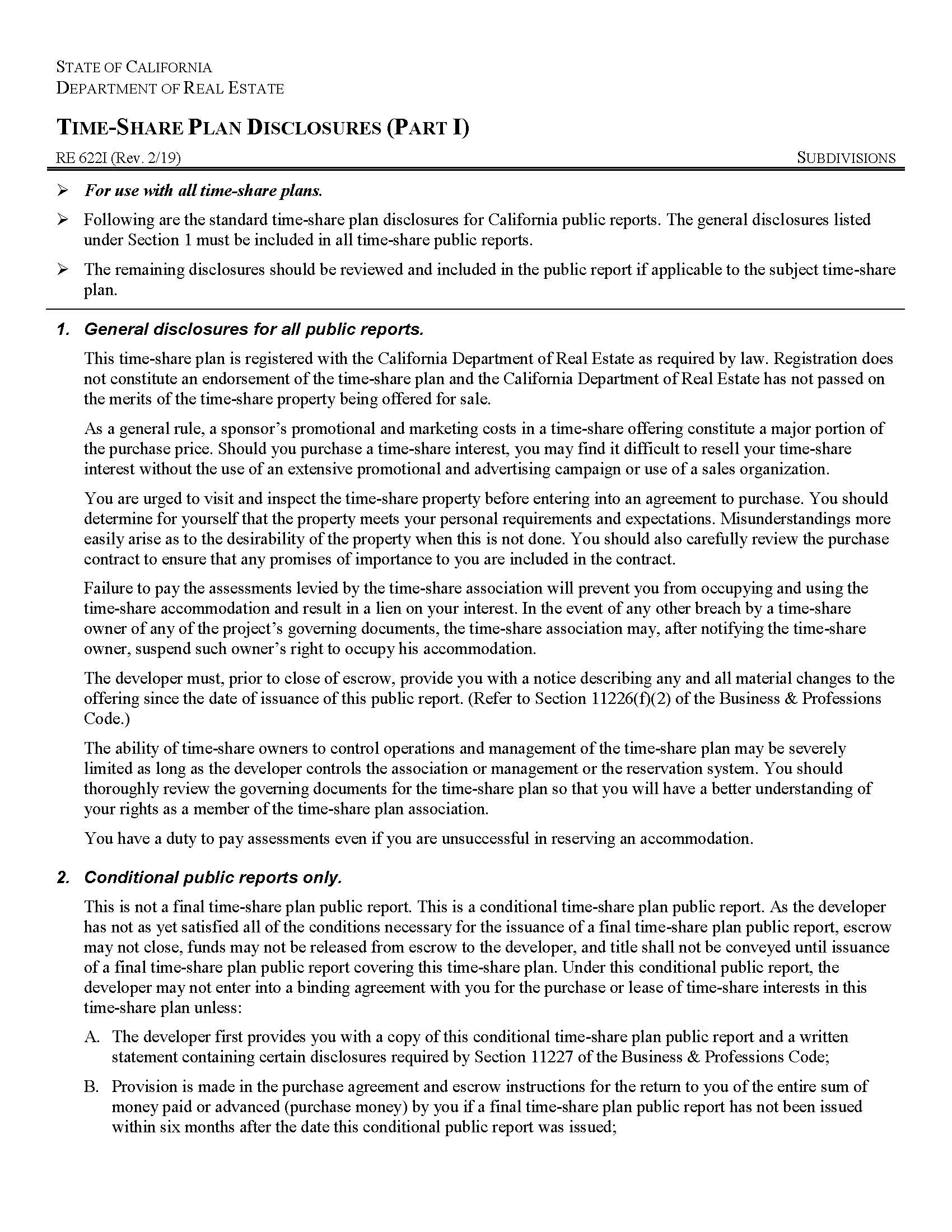 Time Share Plan Disclosures (Part I) {RE 622I} | Pdf Fpdf Docx | California