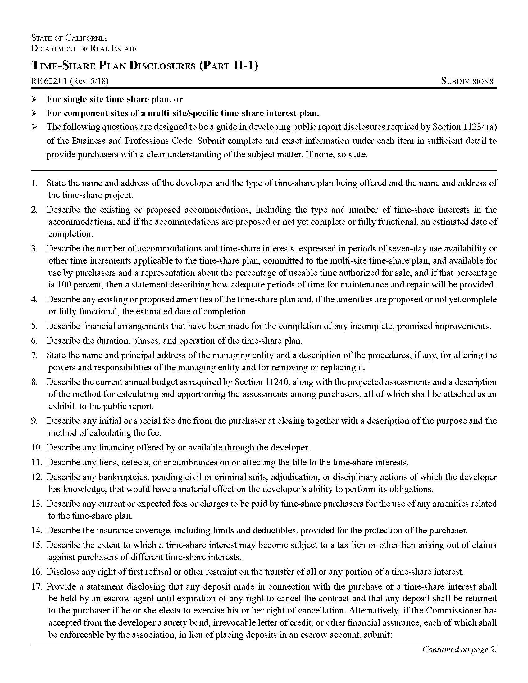 Time Share Plan Disclosures (Part II 1) {RE 622J-1} | Pdf Fpdf Docx | California