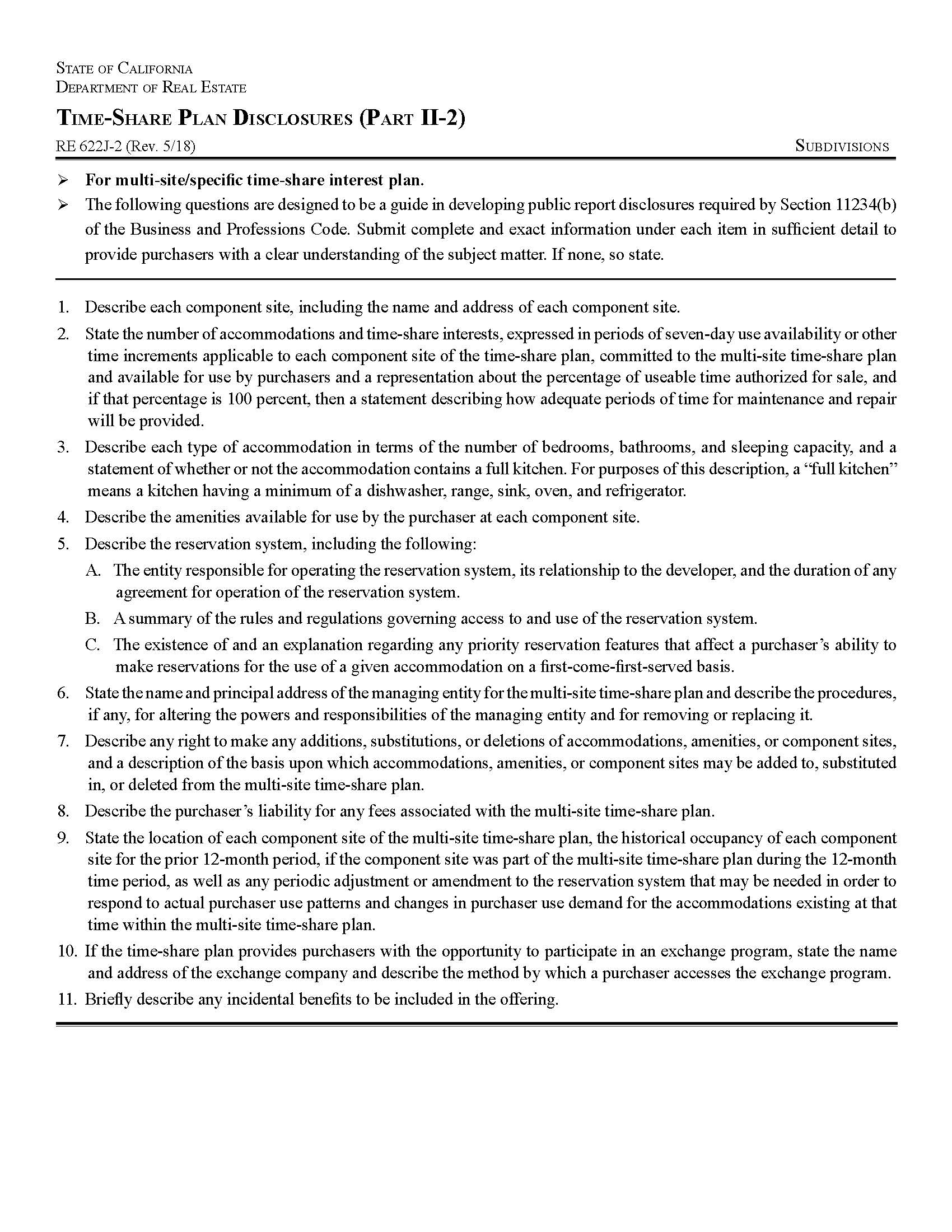 Time Share Plan Disclosures (Part II 2) {RE 622J-2} | Pdf Fpdf Docx | California