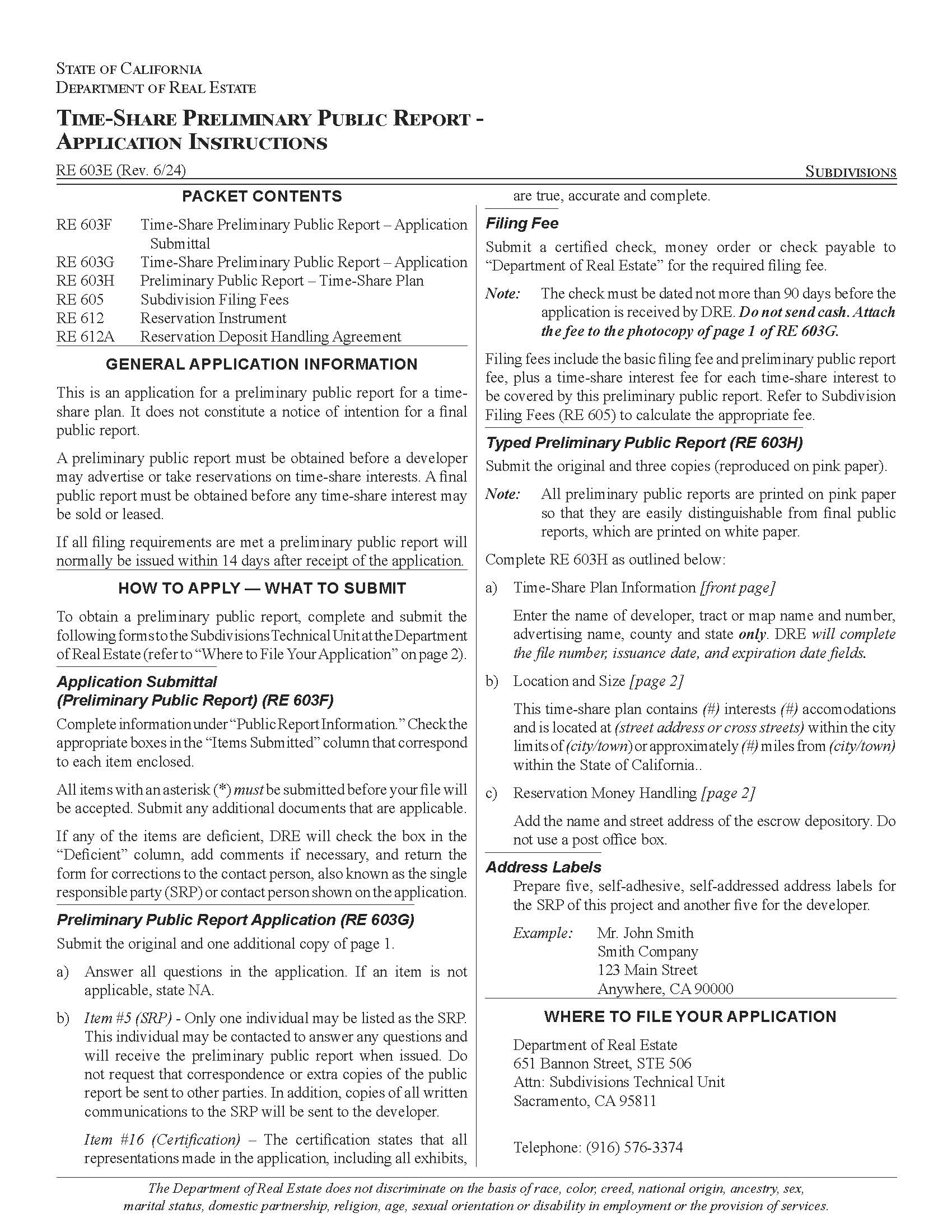 Time Share Plan Preliminary Public Report Application Instructions {RE 603E} | Pdf Fpdf Docx | California
