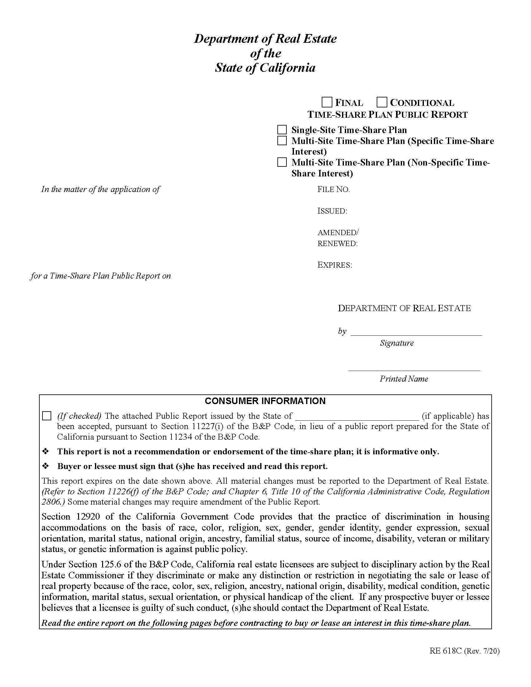Time Share Plan Public Report {RE 618C} | Pdf Fpdf Docx | California