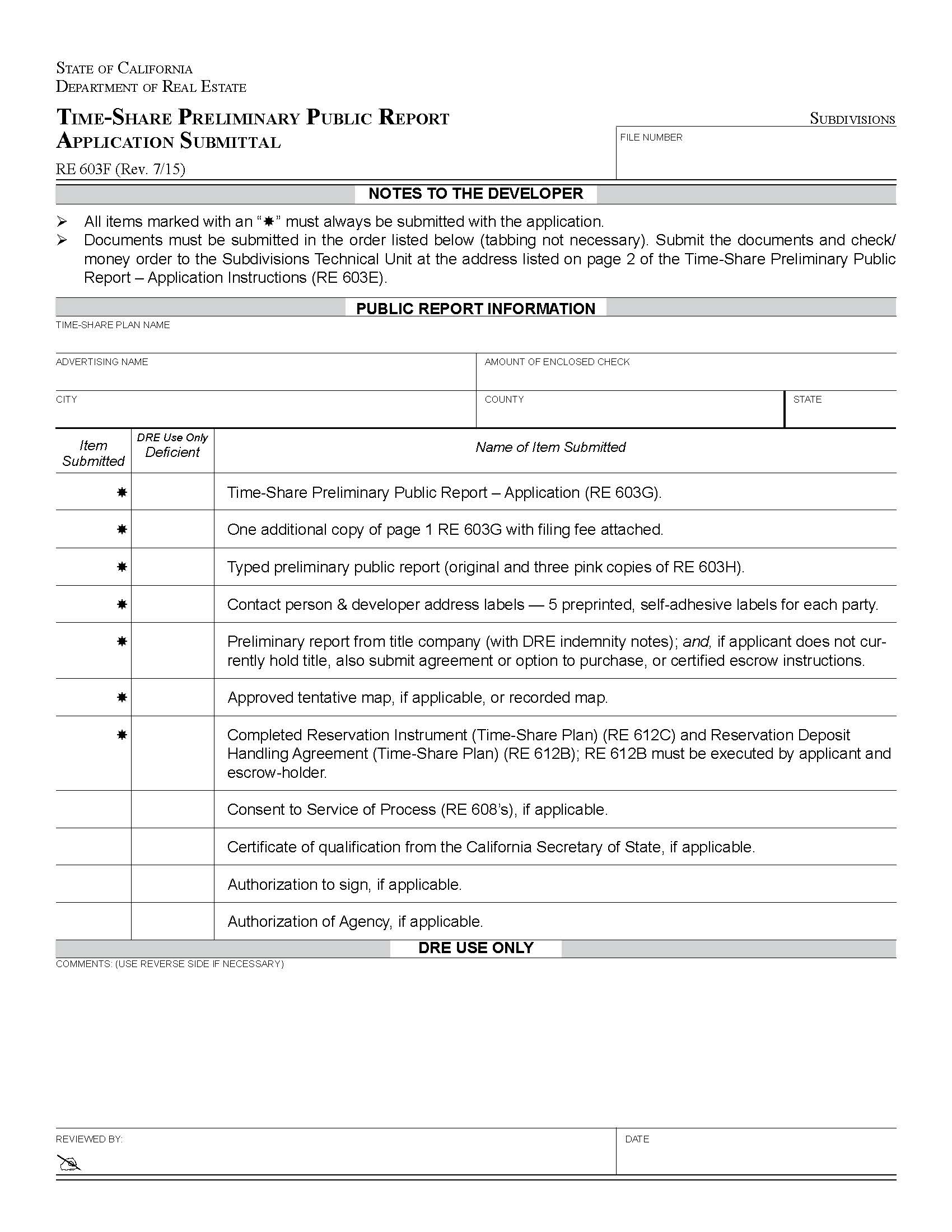 Time Share Preliminary Public Report Application Submittal {RE 603F} | Pdf Fpdf Docx | California