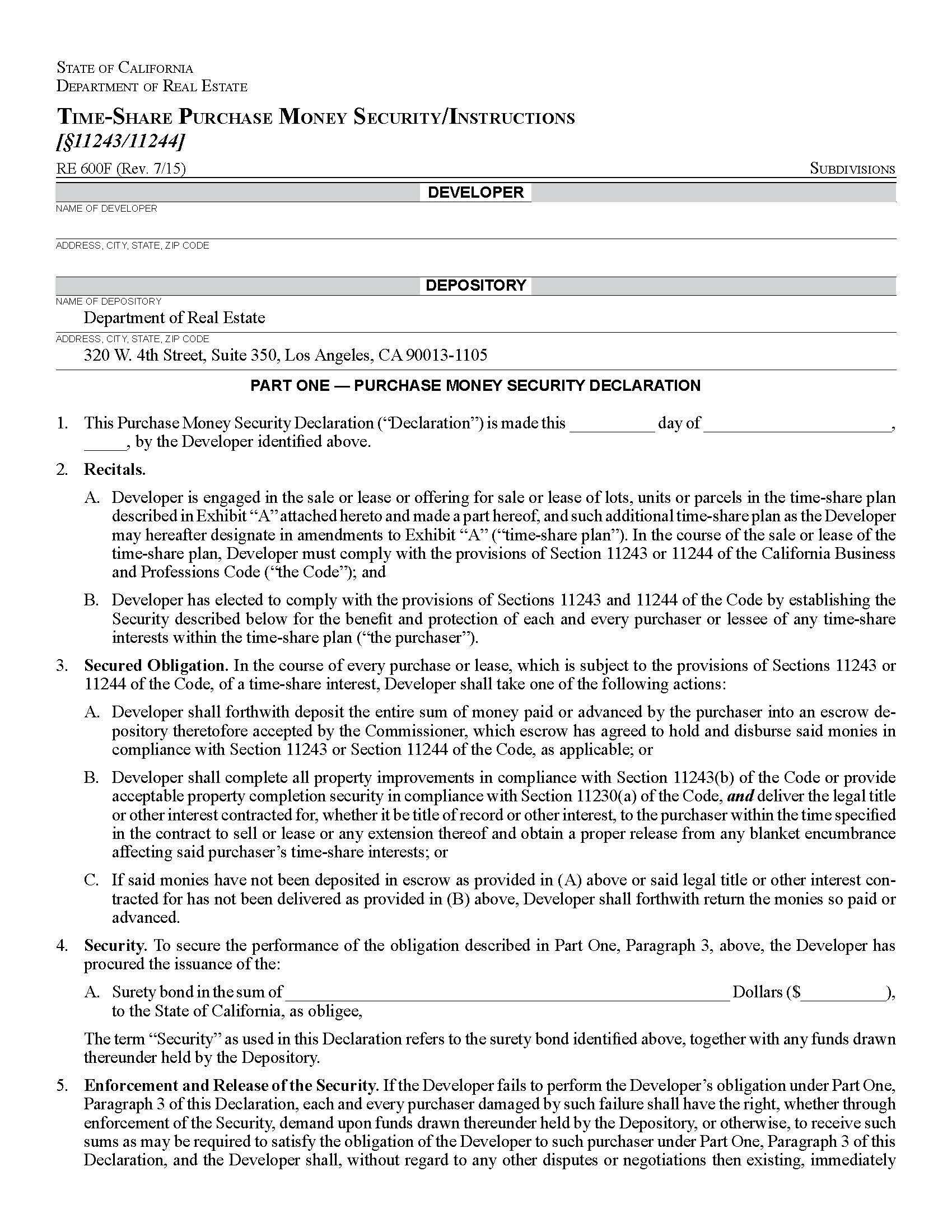 Time Share Purchase Money Security Instructions {RE 600F} | Pdf Fpdf Docx | California
