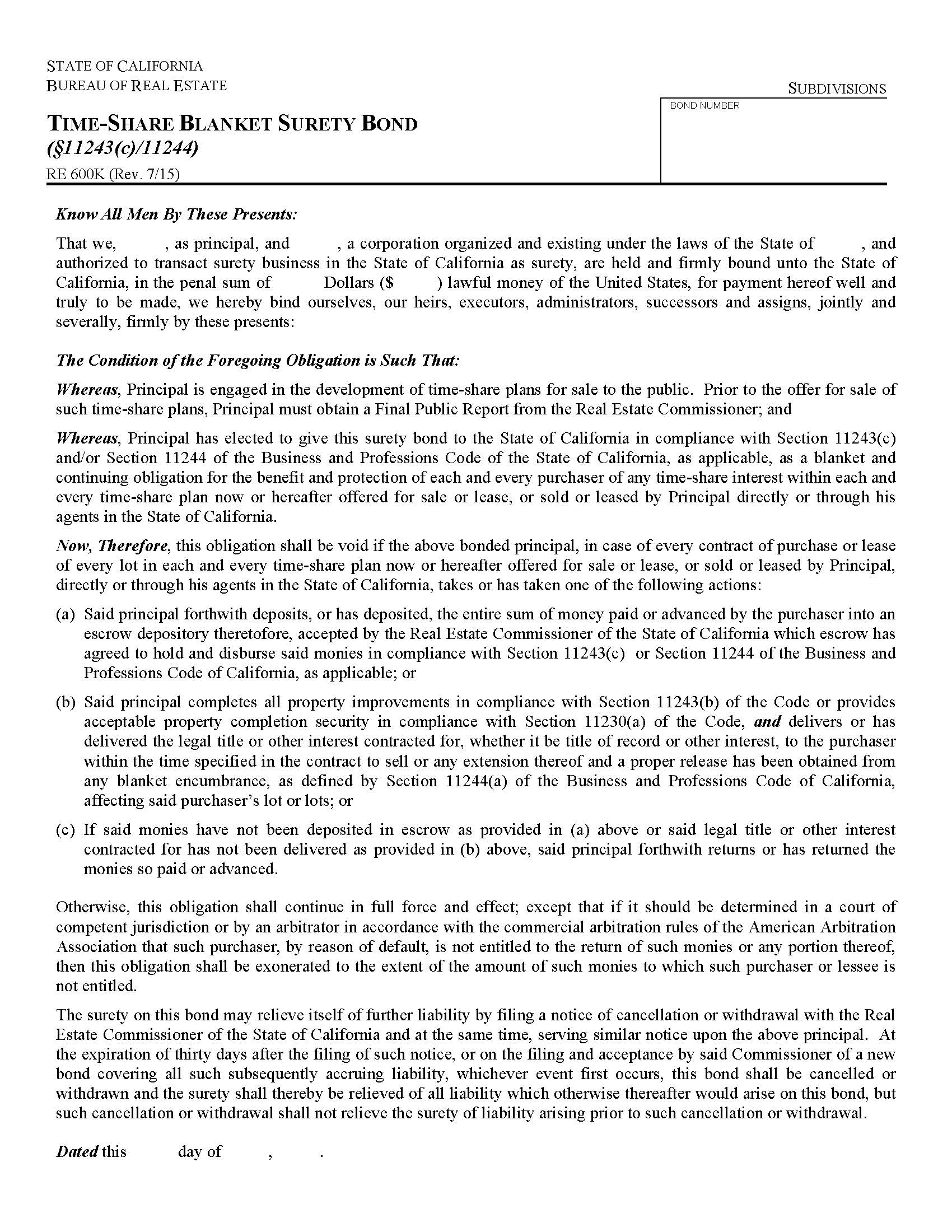 Time-Share Blanket Surety Bond {RE 600K} | Pdf Fpdf Docx | California