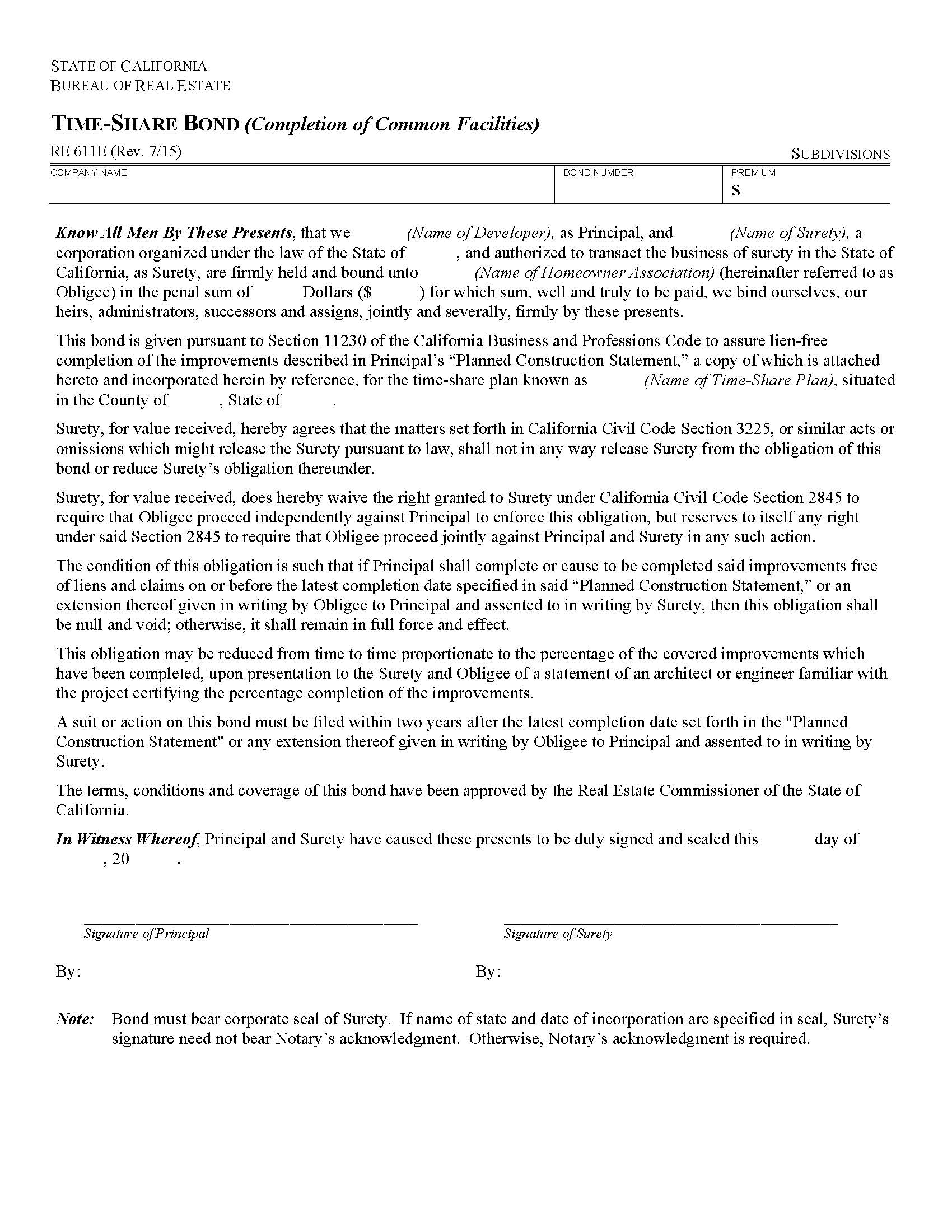 Time-Share Bond (Completion Of Common Facilities) {RE 611E} | Pdf Fpdf Docx | California