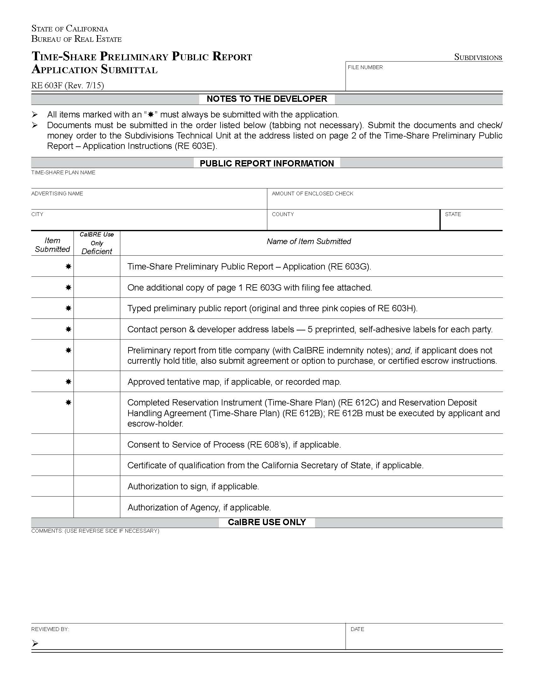 Time-Share Preliminary Public Report-Application Submittal {RE 603F} | Pdf Fpdf Docx | California
