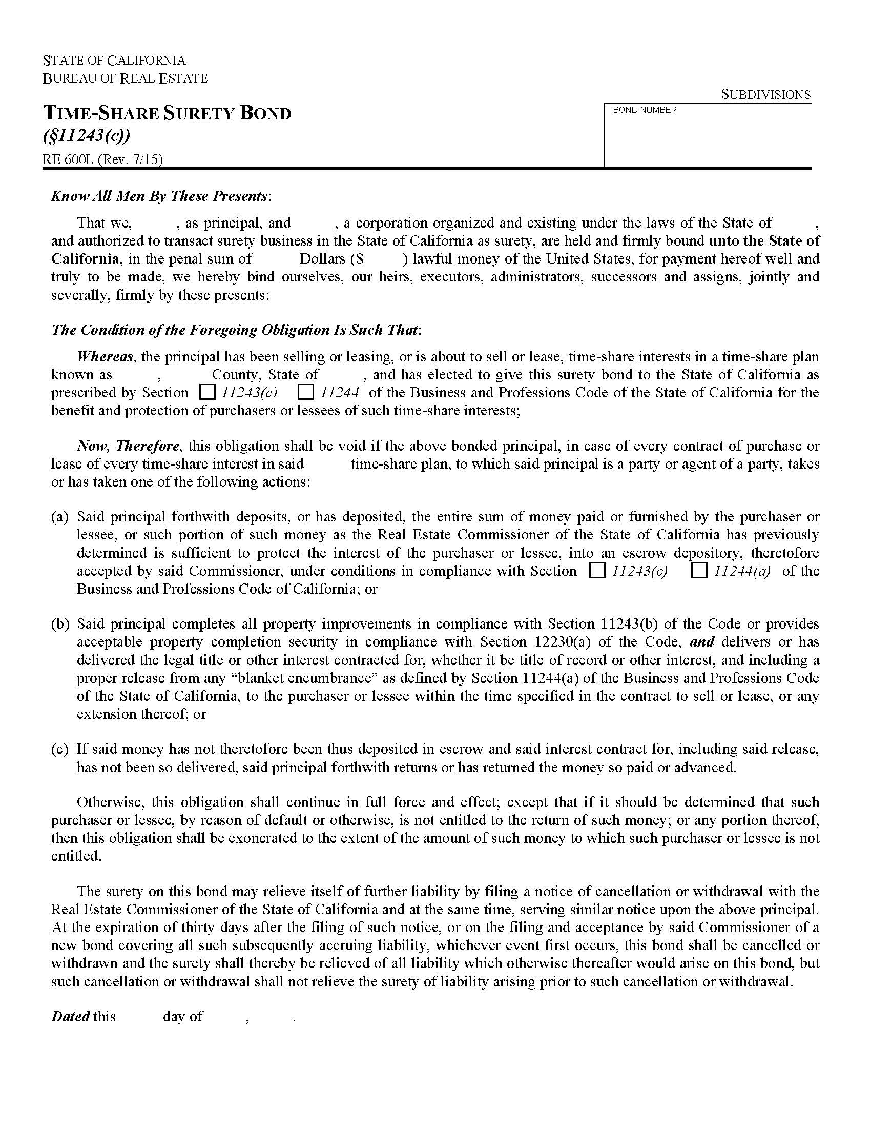 Time-Share Surety Bond {RE 600L} | Pdf Fpdf Docx | California