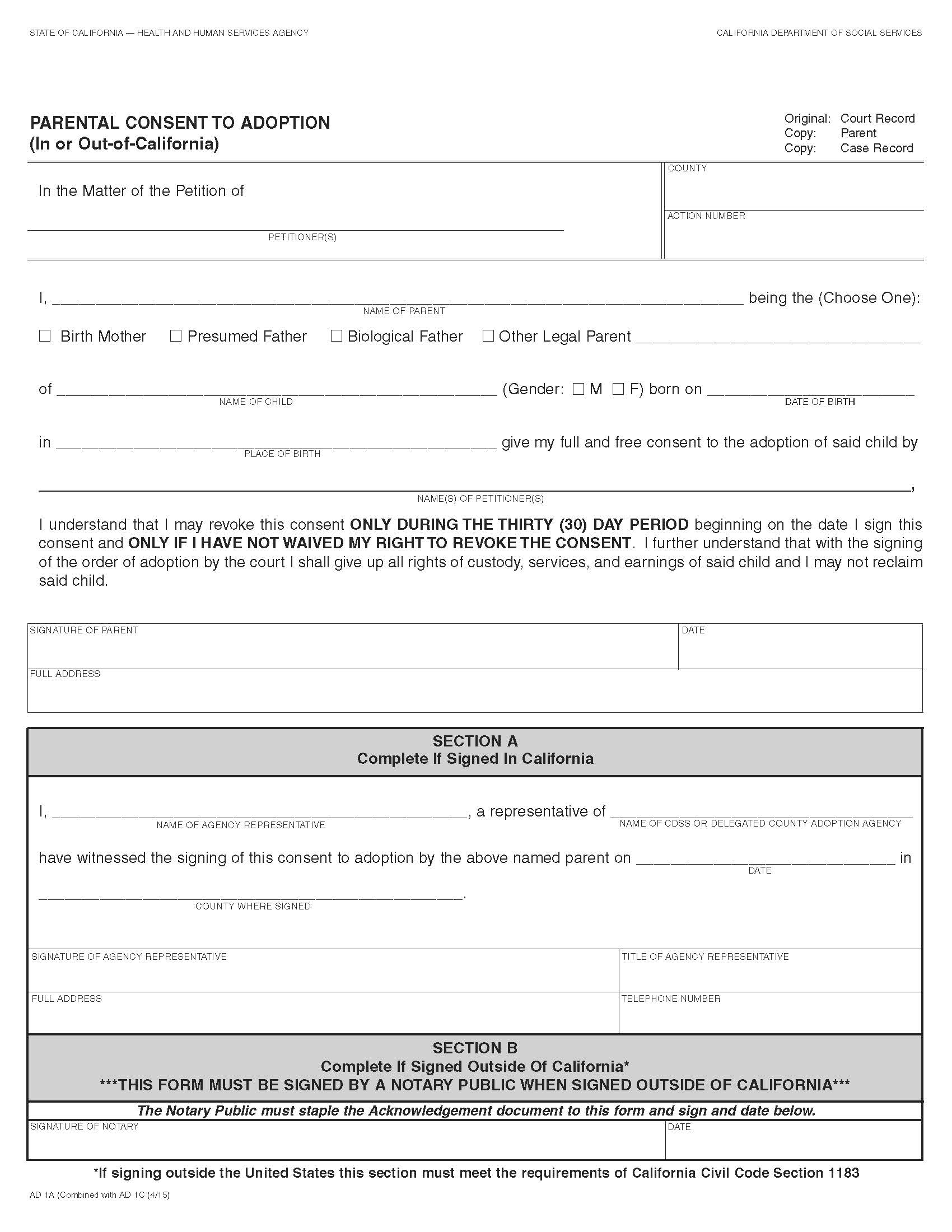 Parental Consent To Adoption (In California) (Health And Human Services Agency) {AD 1A} | Pdf Fpdf Doc Docx | California