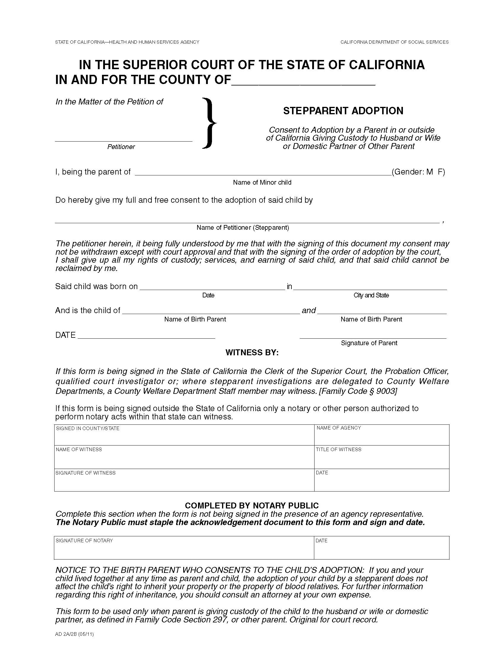 Stepparent Adoption Consent To Adoption By Parent In Or Outside Of California {AD 2A 2B} | Pdf Fpdf Doc Docx | California