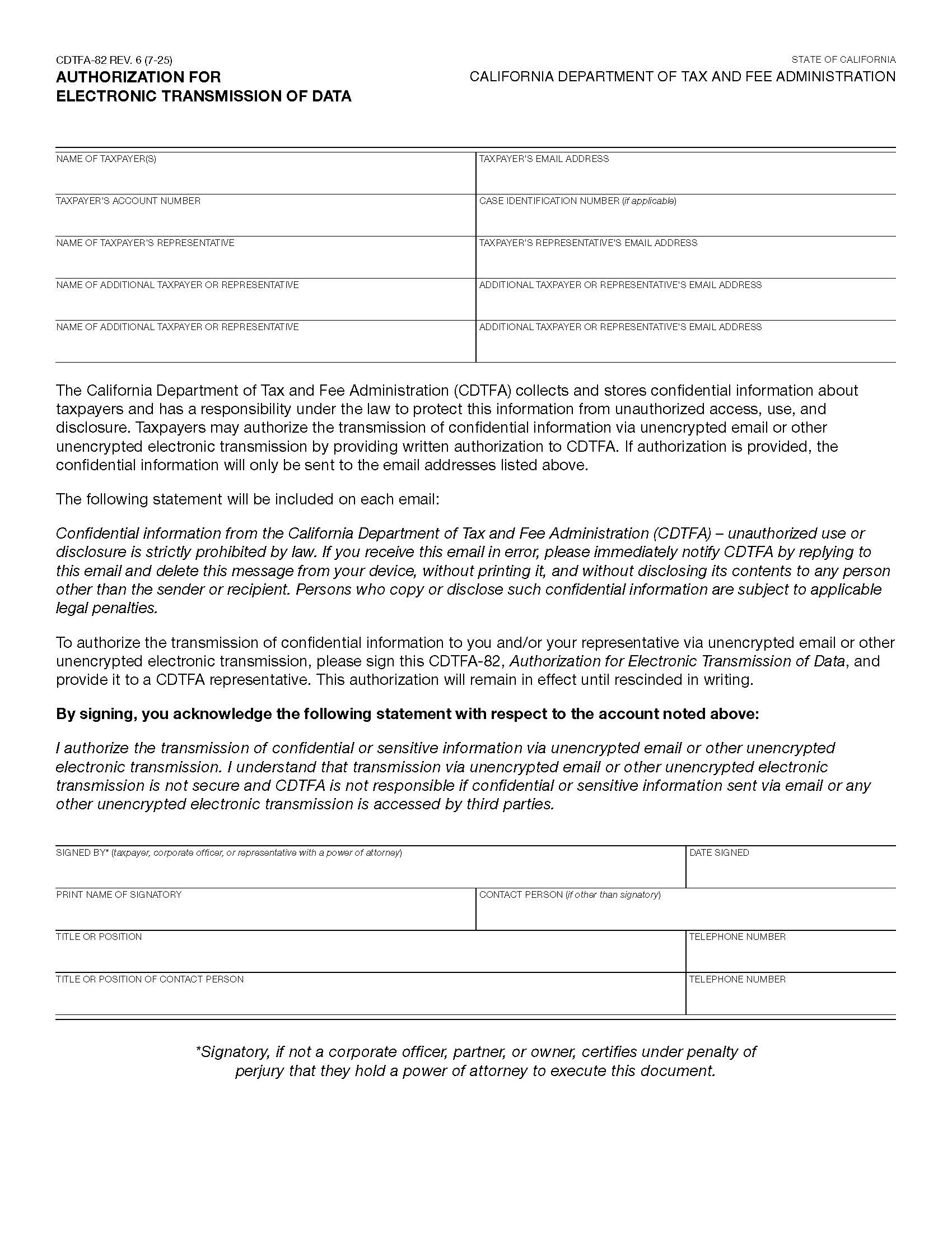 Authorization For Electronic Transmission {CDTFA-82} | Pdf Fpdf Docx | California