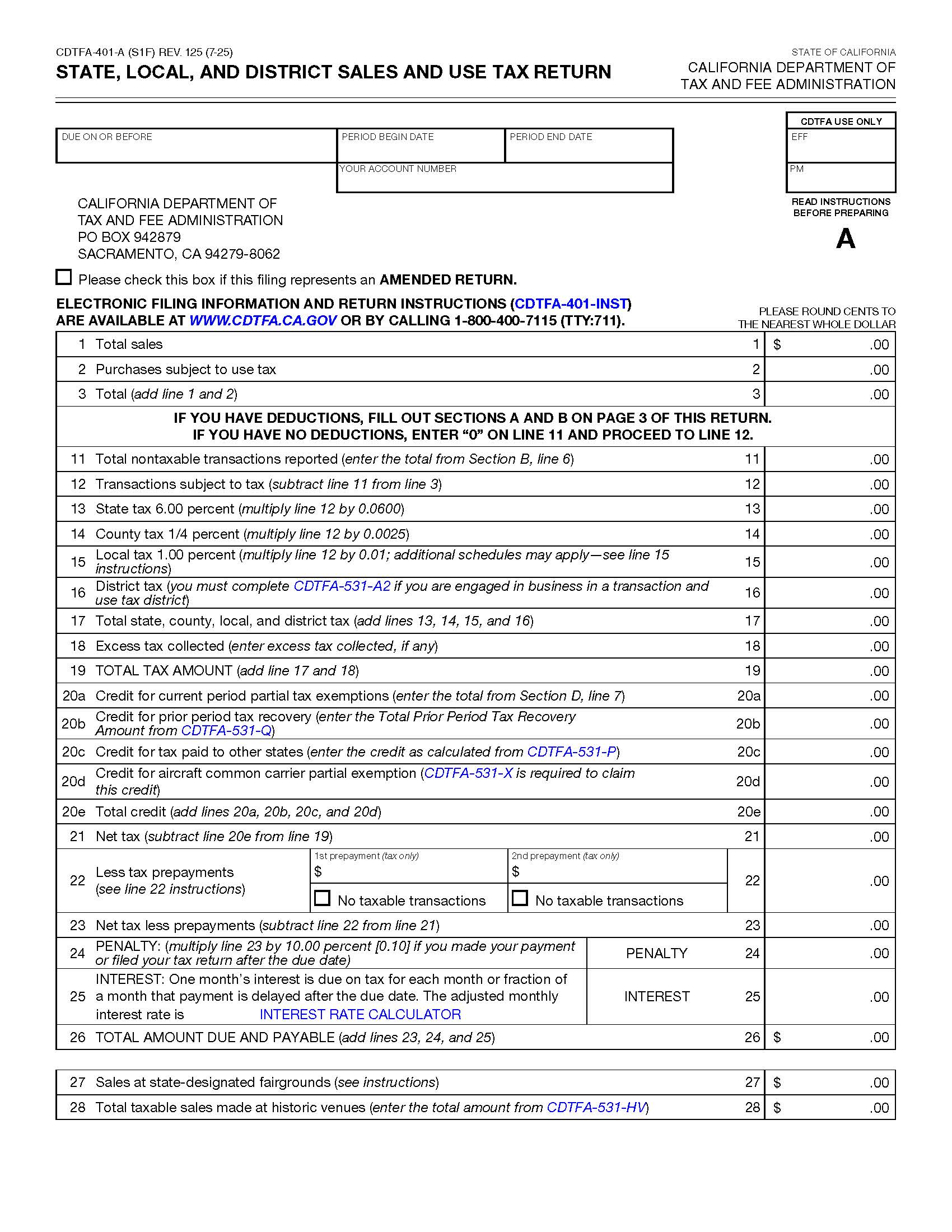 State Local And District Sales And Use Tax Return {CDTFA-401-A} | Pdf Fpdf Docx | California
