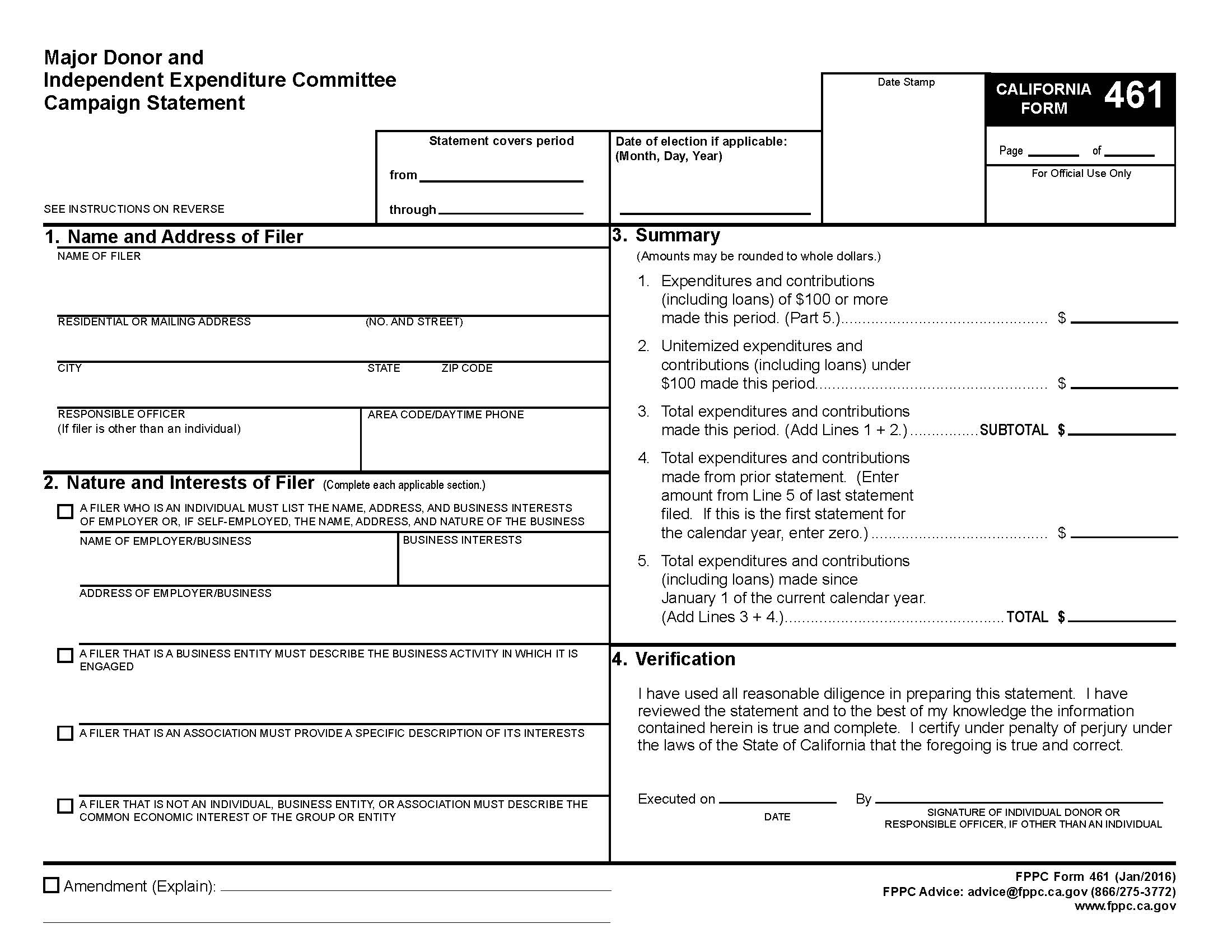 Form 461 Independent Expenditure Committee And Major Donor Committee Campaign Statement {461} | Pdf Fpdf Docx | California