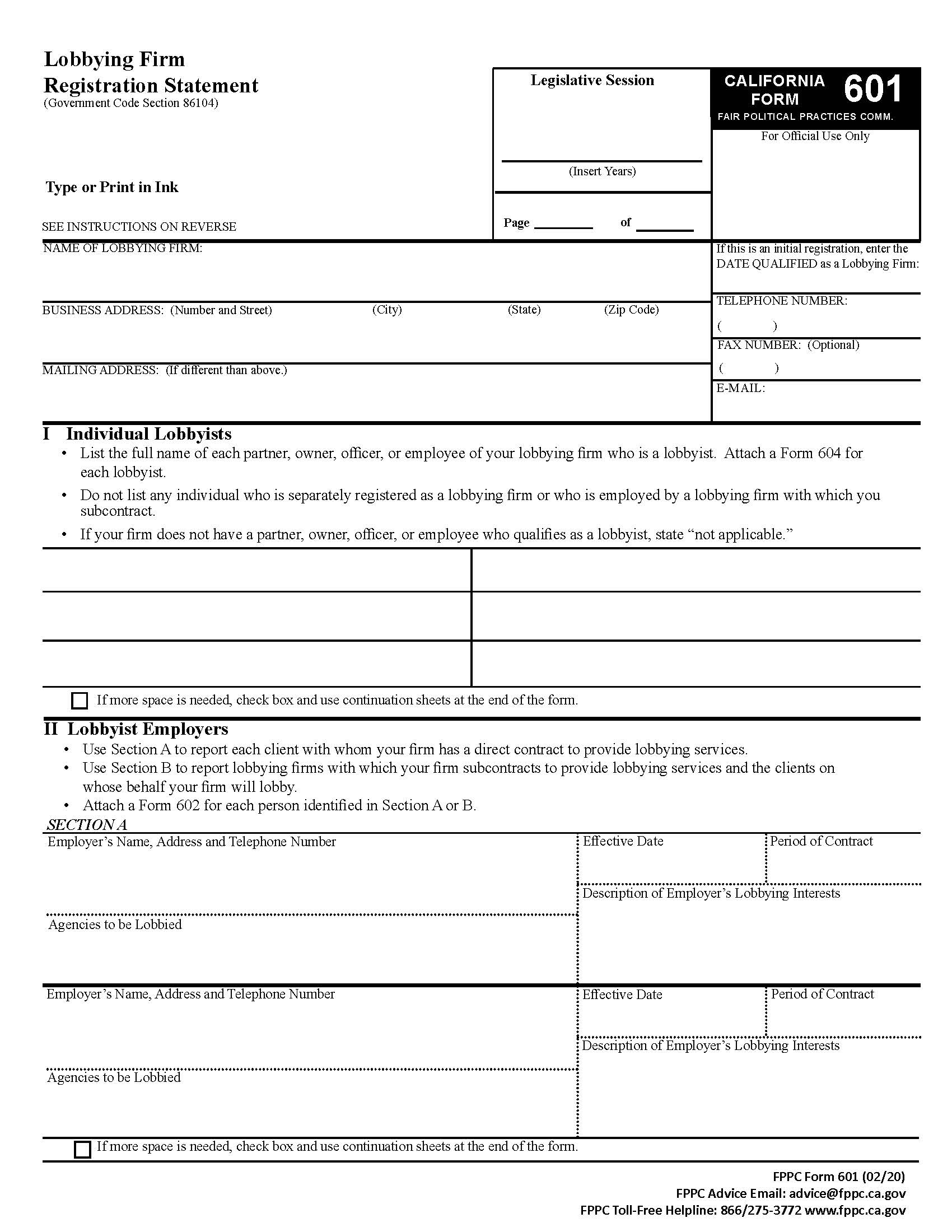 Form 601 Lobbying Firm Registration Statement {601} | Pdf Fpdf Doc Docx | California