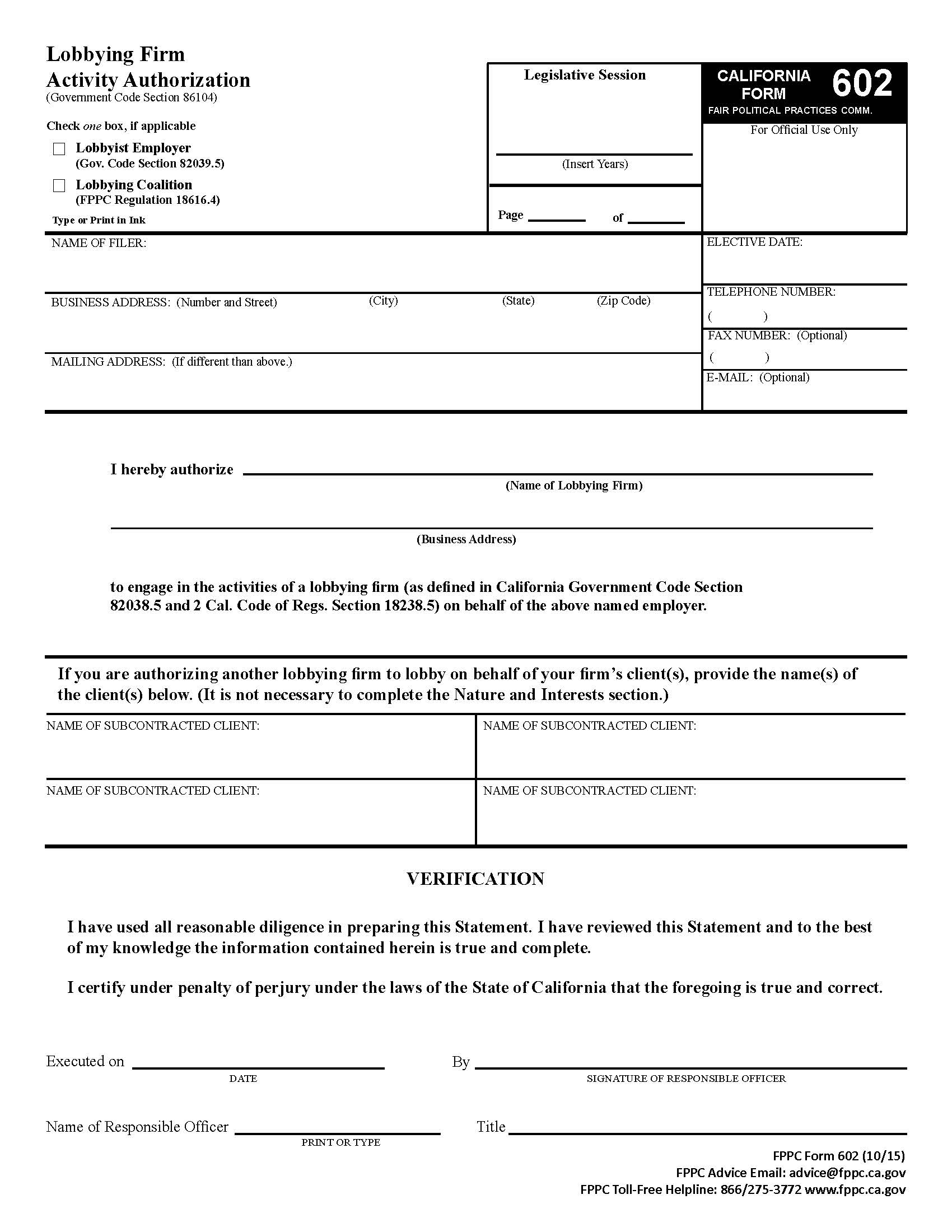 Form 602 Lobbying Firm Activity Authorization {602} | Pdf Fpdf Doc Docx | California