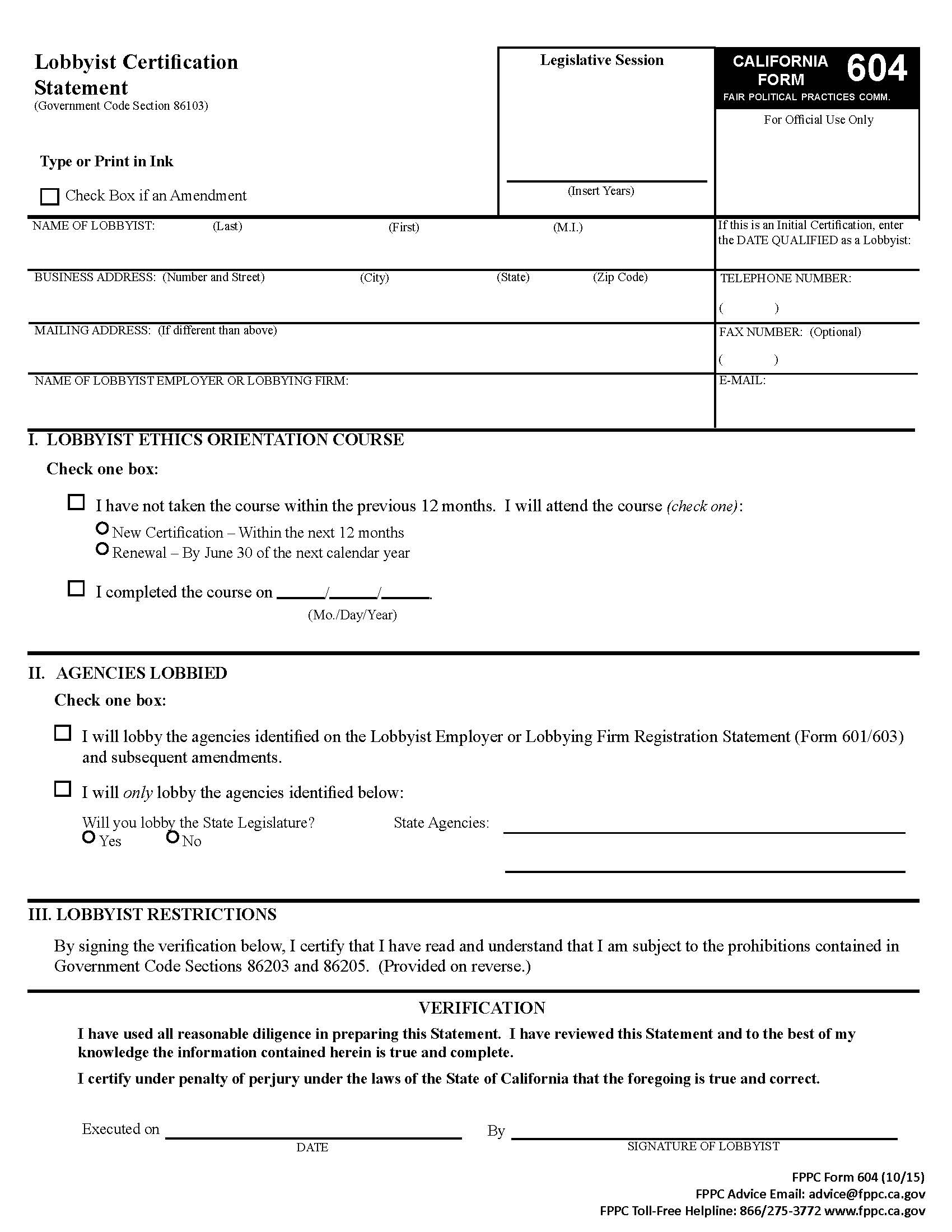 Form 604 Lobbyist Certification Statement {604} | Pdf Fpdf Doc Docx | California