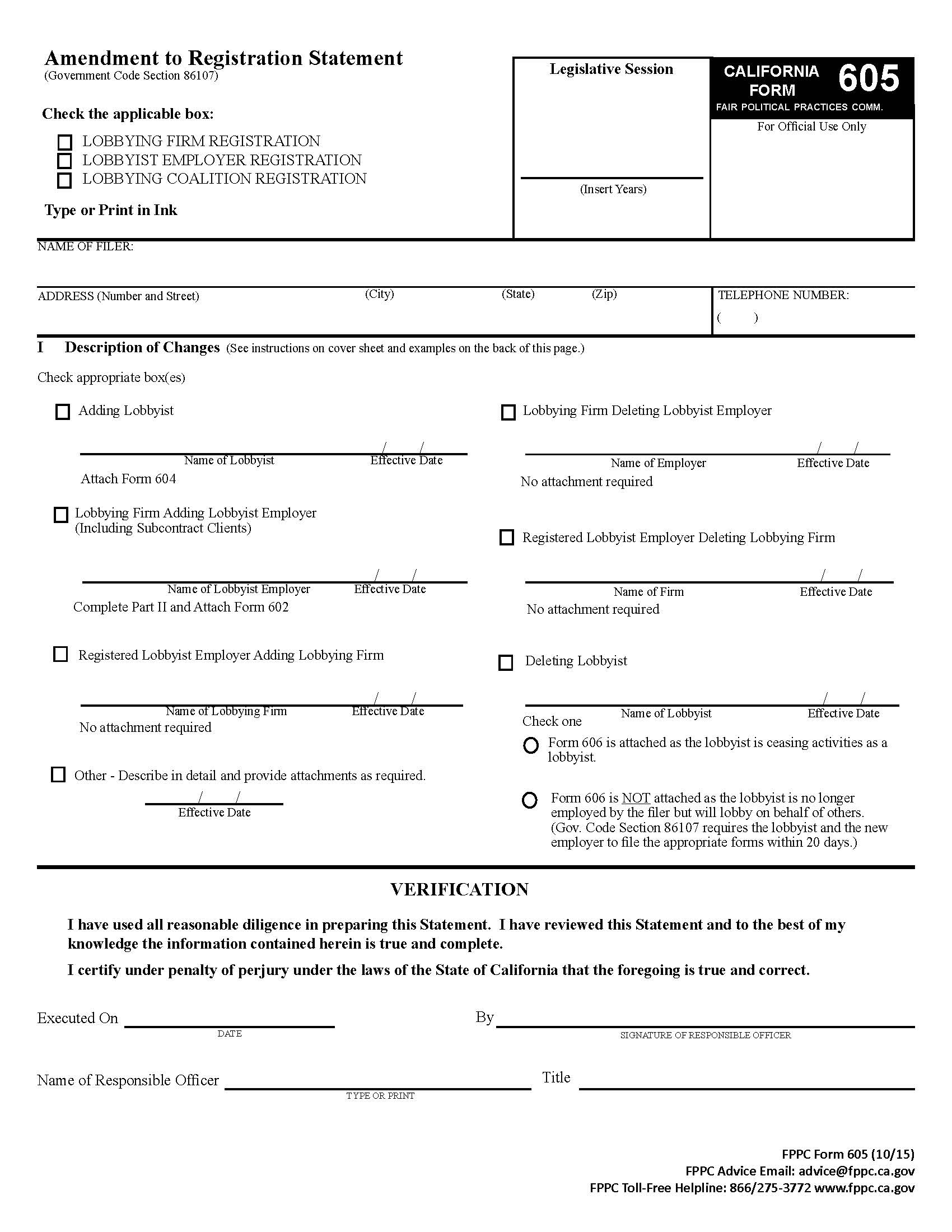 Form 605 Amendment To Registration Lobbying Firm Lobbyist Employer Lobbying Coalition {605} | Pdf Fpdf Docx | California
