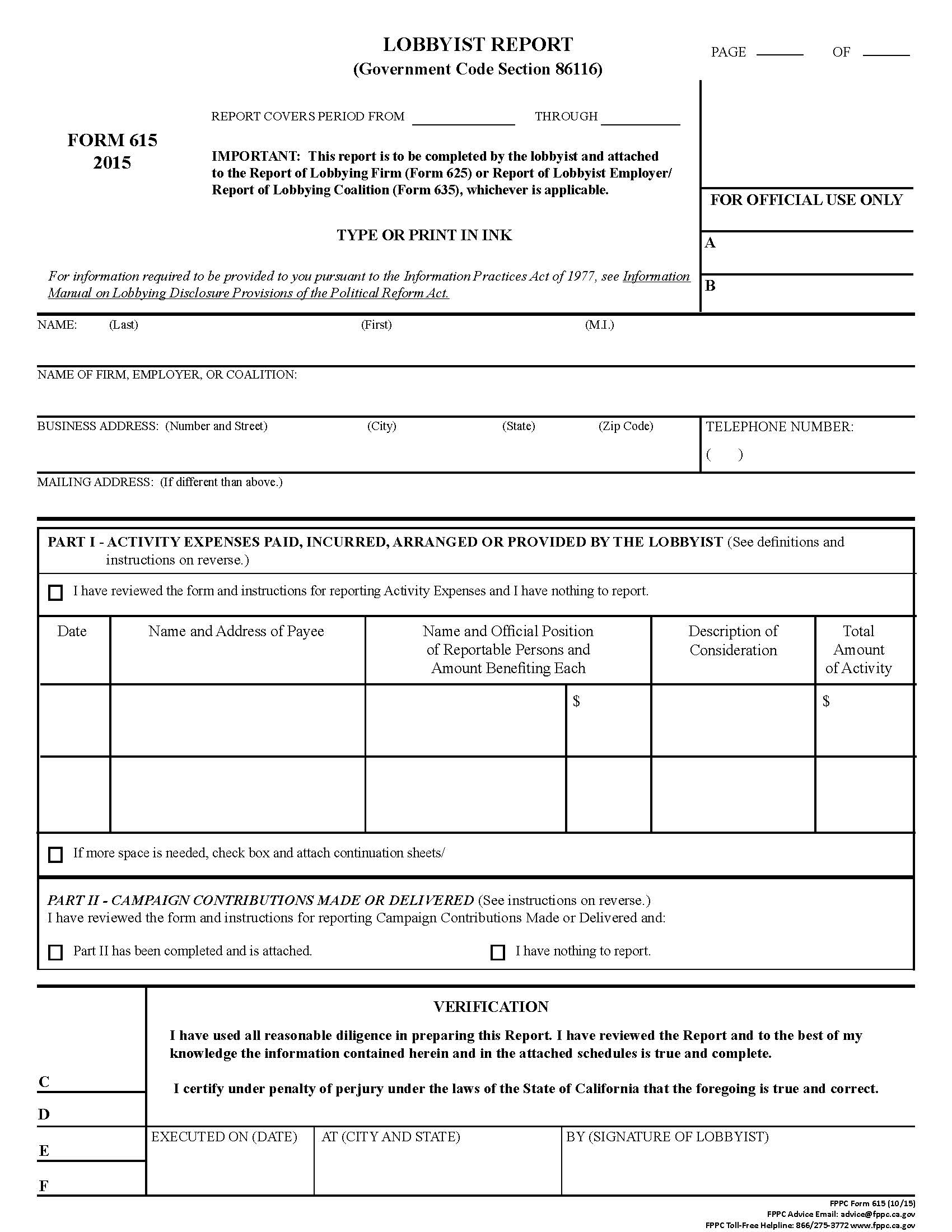 Form 615 Lobbyist Report {615} | Pdf Fpdf Doc Docx | California