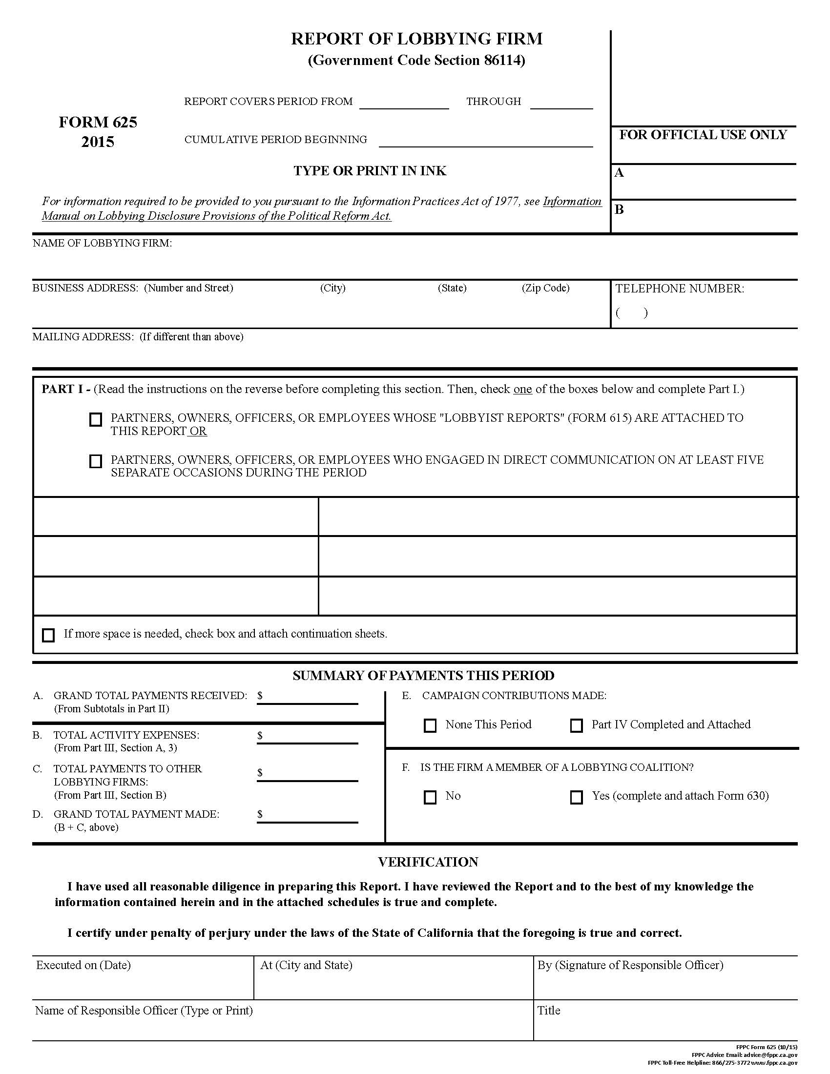 Form 625 Report Of Lobbying Firm {625} | Pdf Fpdf Doc Docx | California