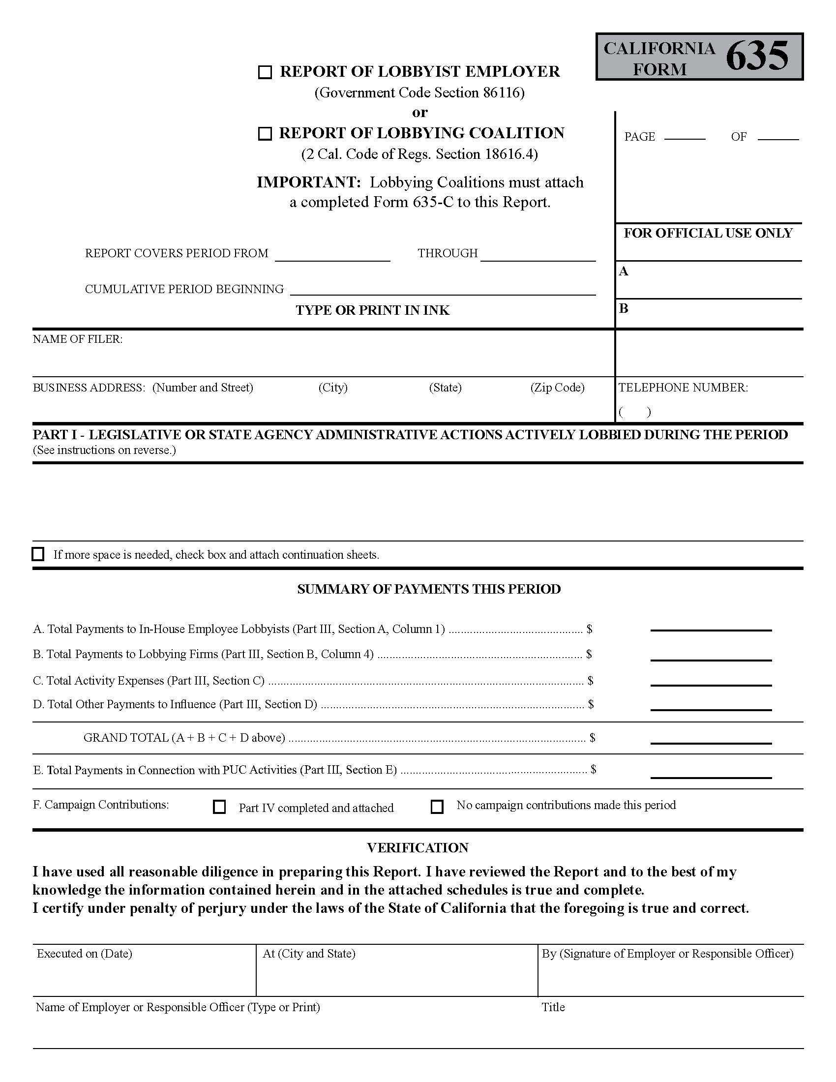 Form 635 Report Of Lobbyist Employer And Report Of Lobbying Coalition {635} | Pdf Fpdf Doc Docx | California